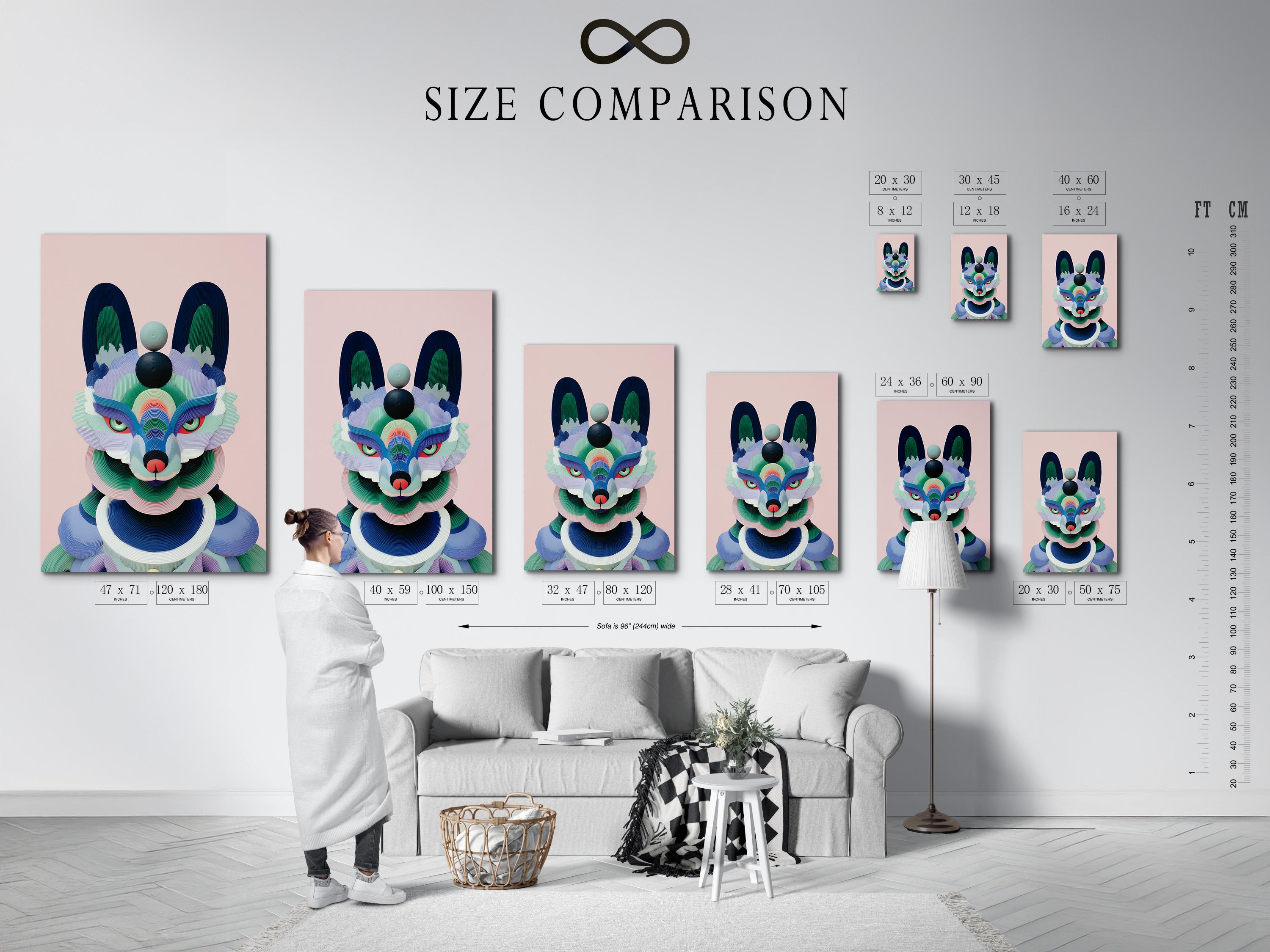 Stylised pastel fox portrait with layered geometric fur shapes on a pink background detail view