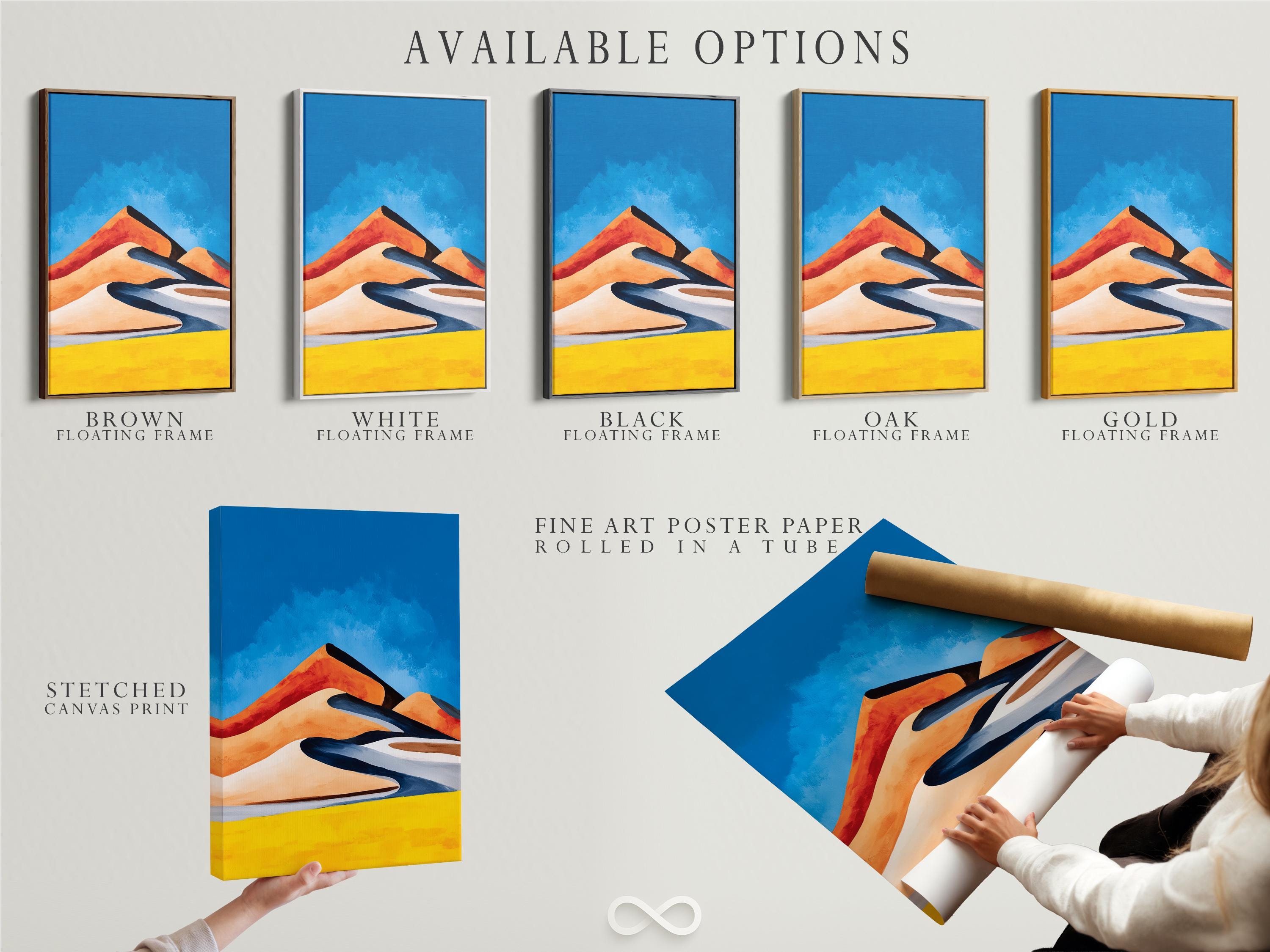 Stylised desert landscape with blue sky, orange dunes, dark navy shadows and golden yellow ground detail view