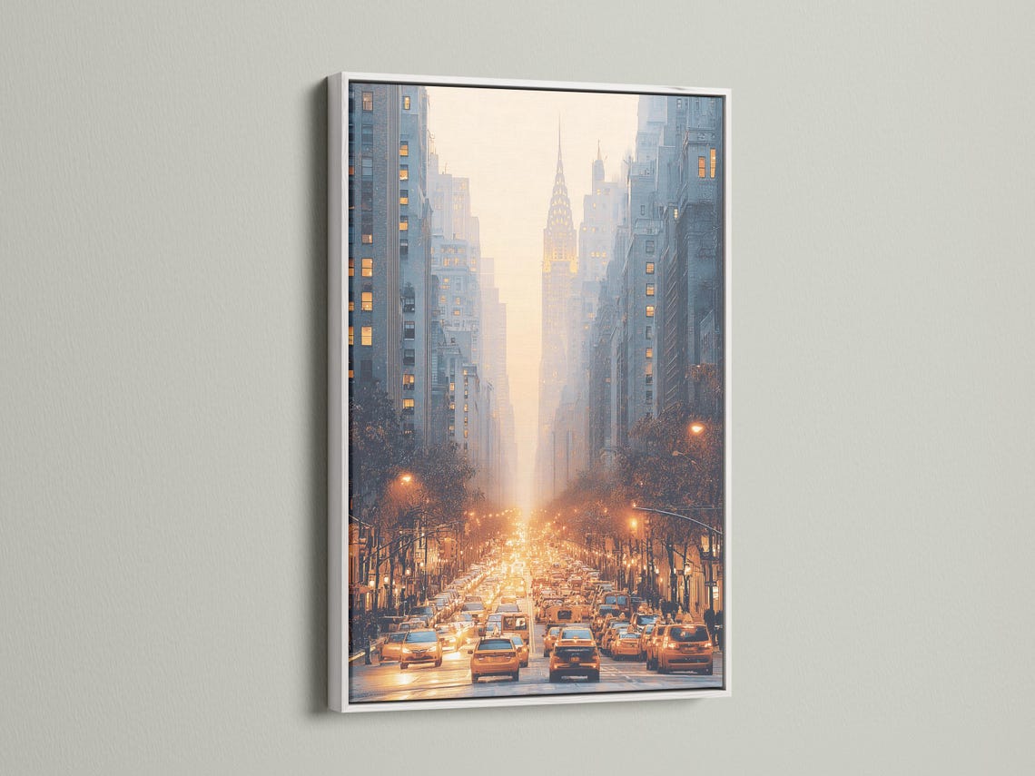 Golden hour city street with traffic, tall buildings and a tower silhouette in mist detail view