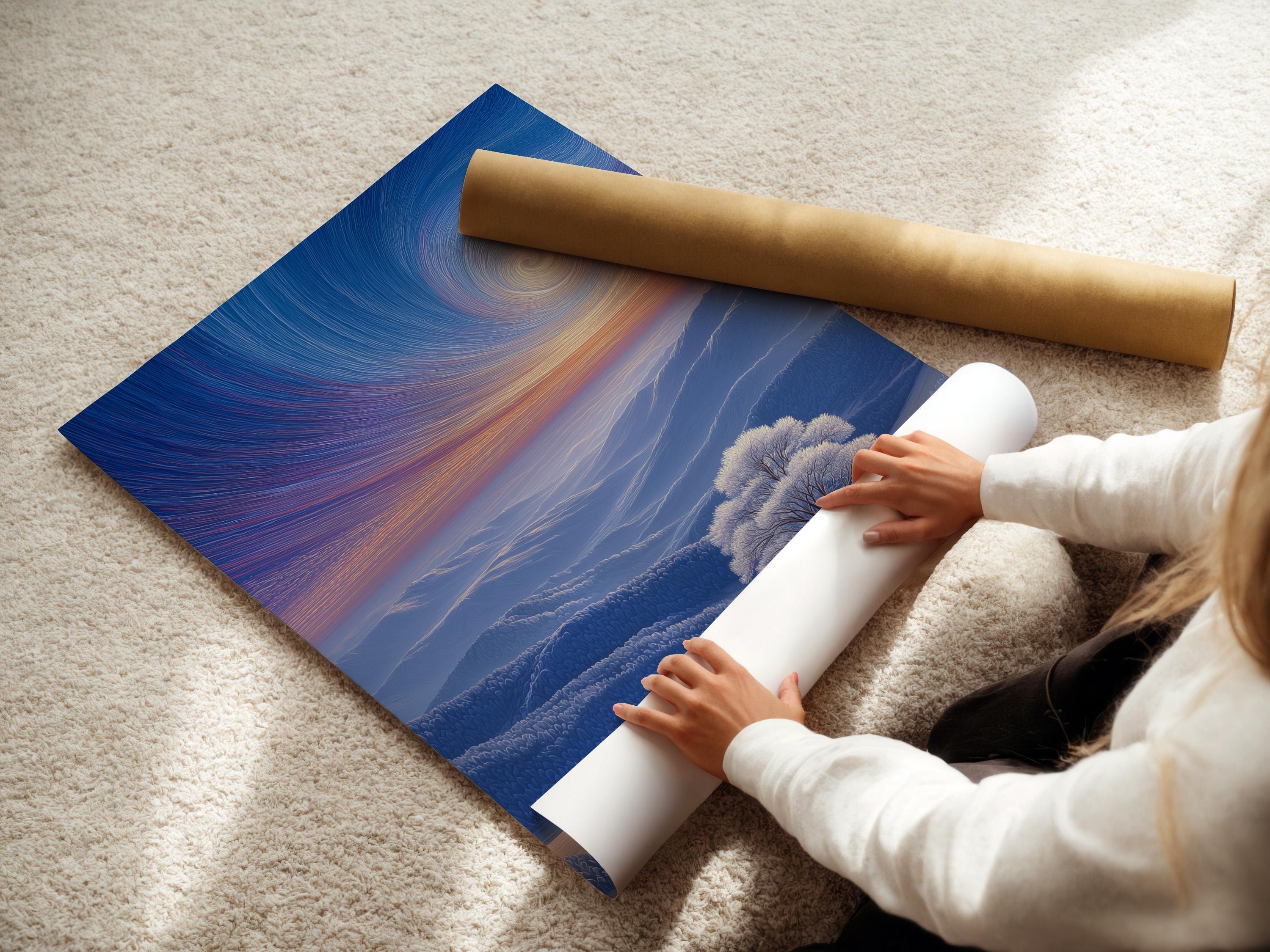 Room mockup showing a framed winter sky mountain landscape artwork on a wall