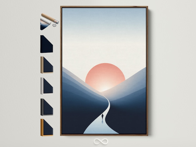 Peach sunrise over cool blue mountains with a winding pale path and a small silhouette figure