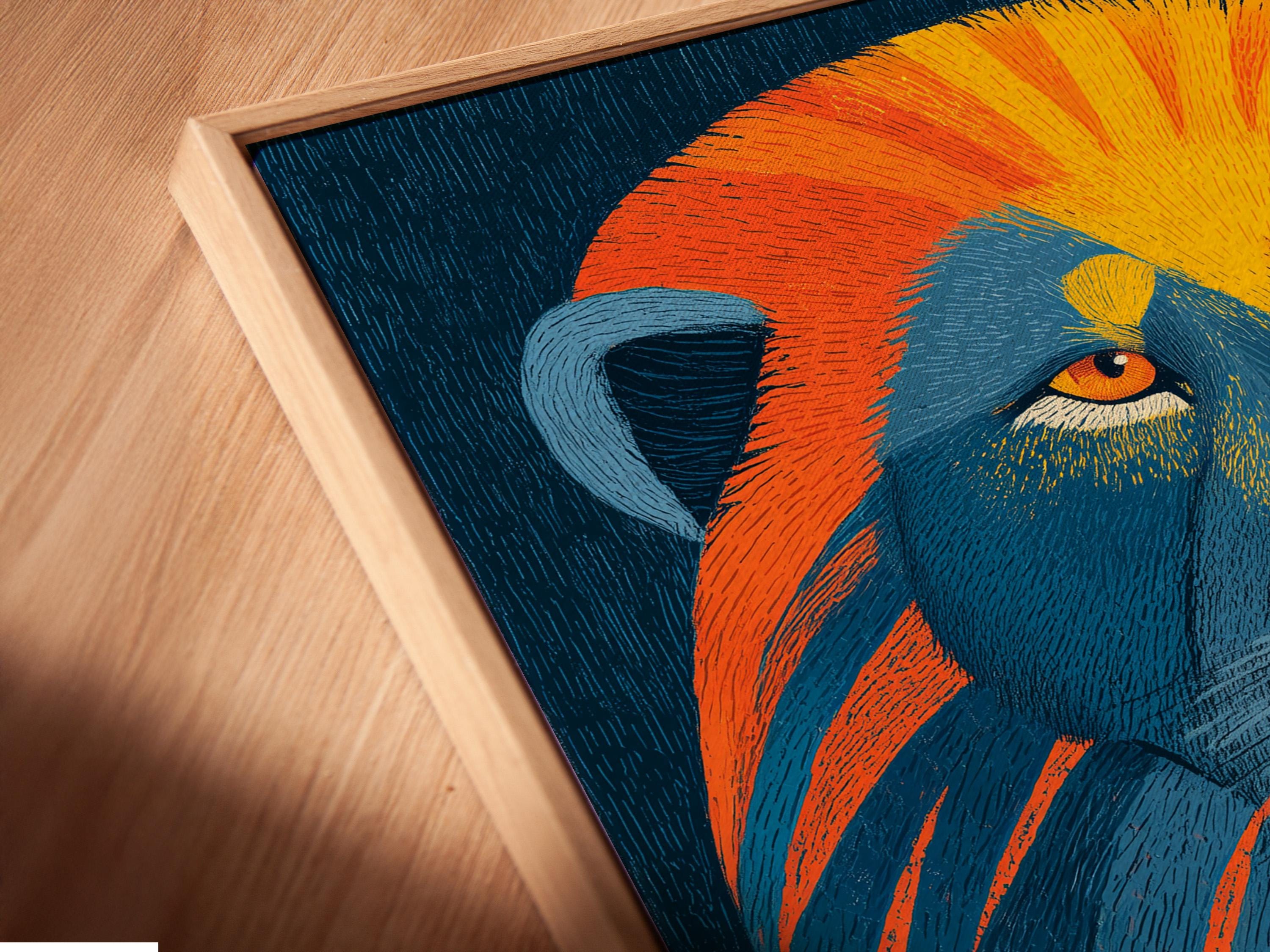 Stylised lion portrait in blue with orange and yellow mane streaks detail view