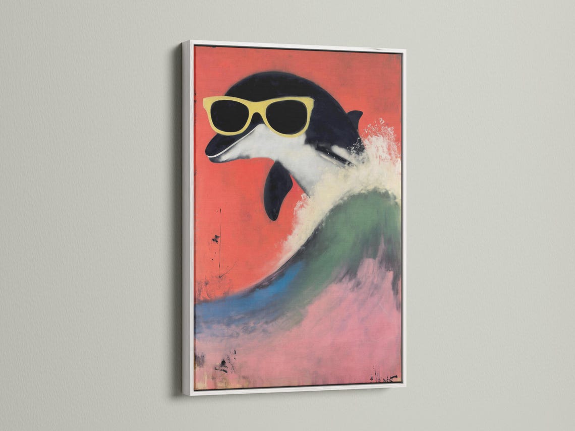 Stylised dolphin wearing oversized sunglasses against a coral red background with teal wave-like colours detail view