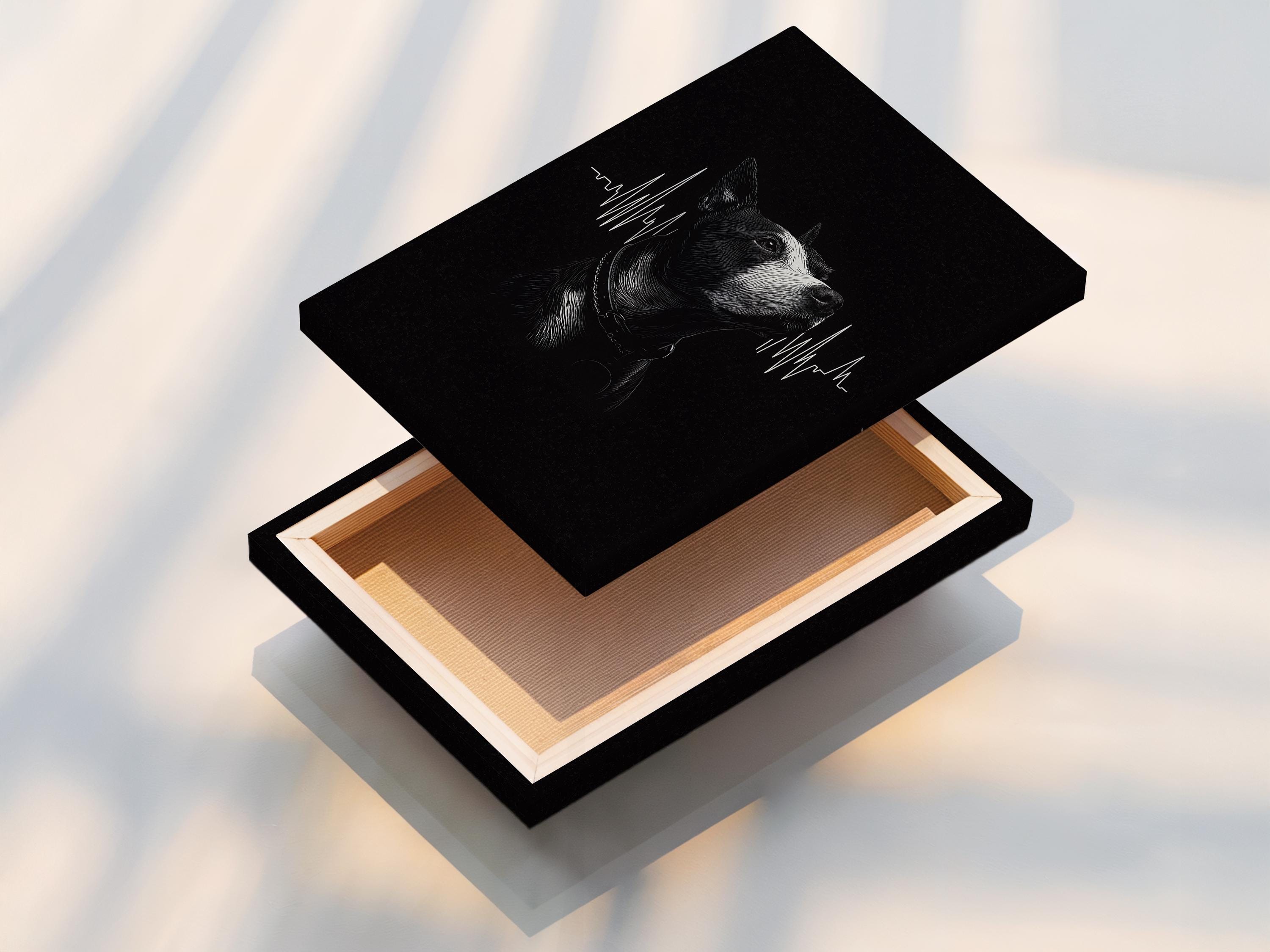 Room mockup showing a framed monochrome dog portrait with a heartbeat waveform on a dark background