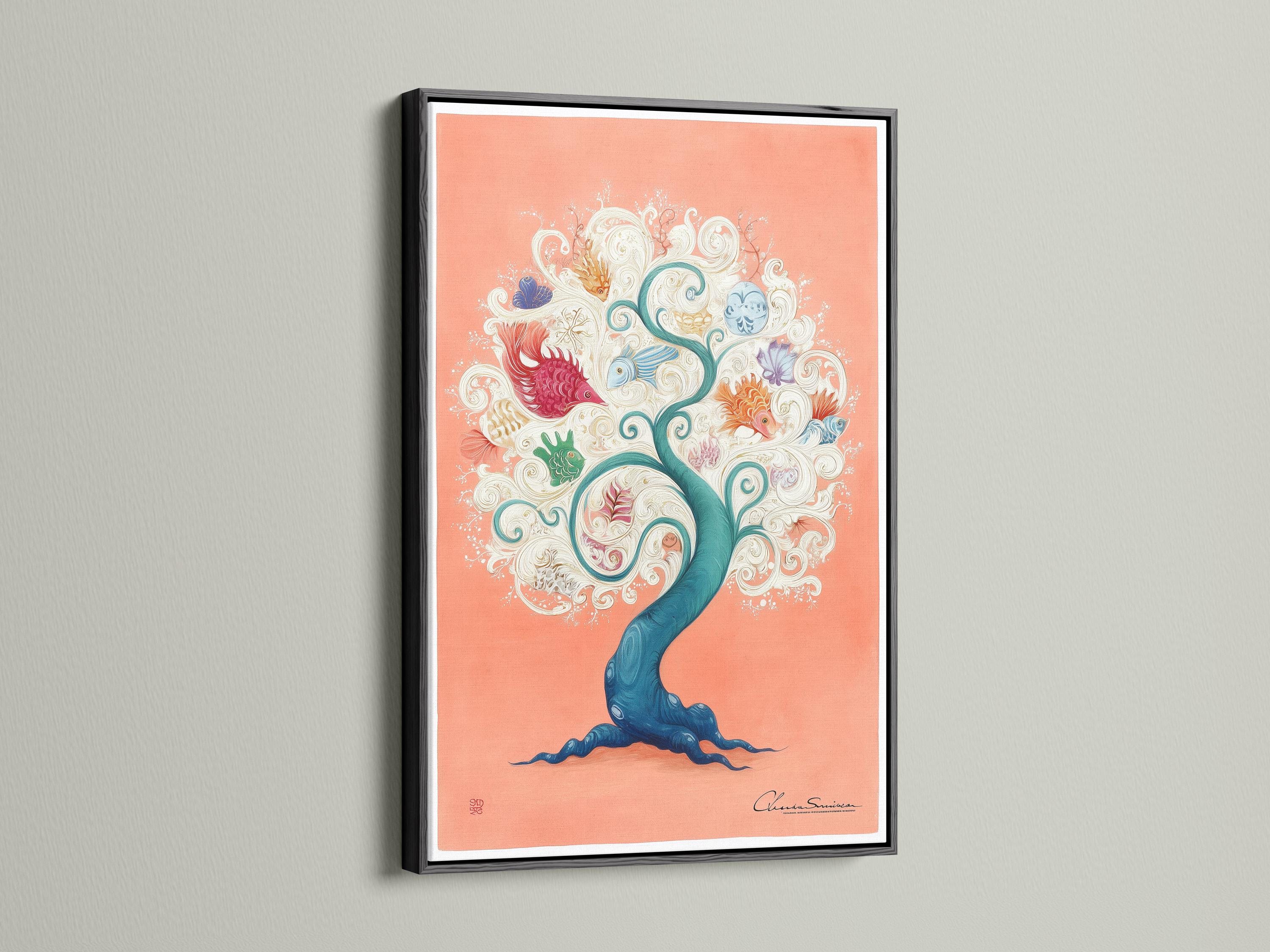 Peach fantasy coral tree with teal ocean waves and illustrated fish, shells and swirls detail view