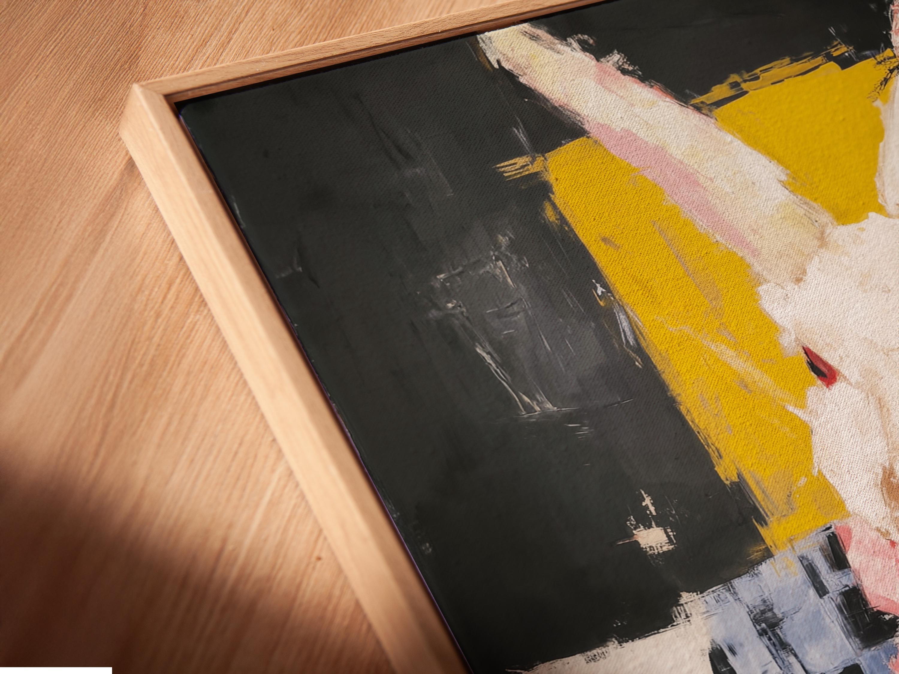 Stylised rabbit playing piano artwork with black, yellow and pink colours detail view