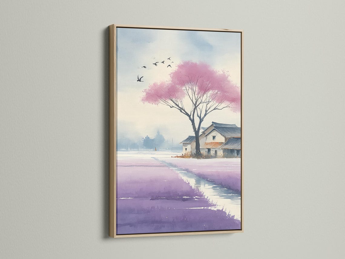 Blossoming pink cherry blossom tree landscape with birds and distant houses detail view