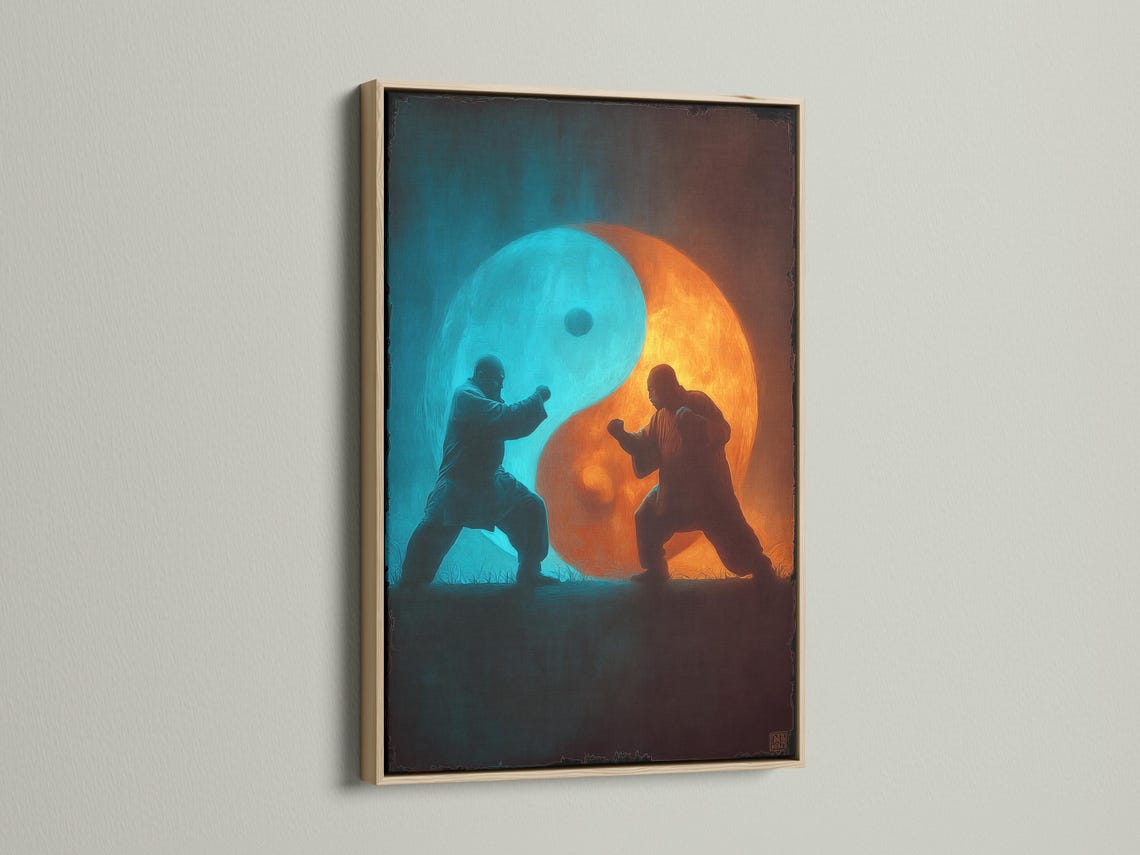 Turquoise and orange yin-yang style artwork with two martial artists facing each other detail view