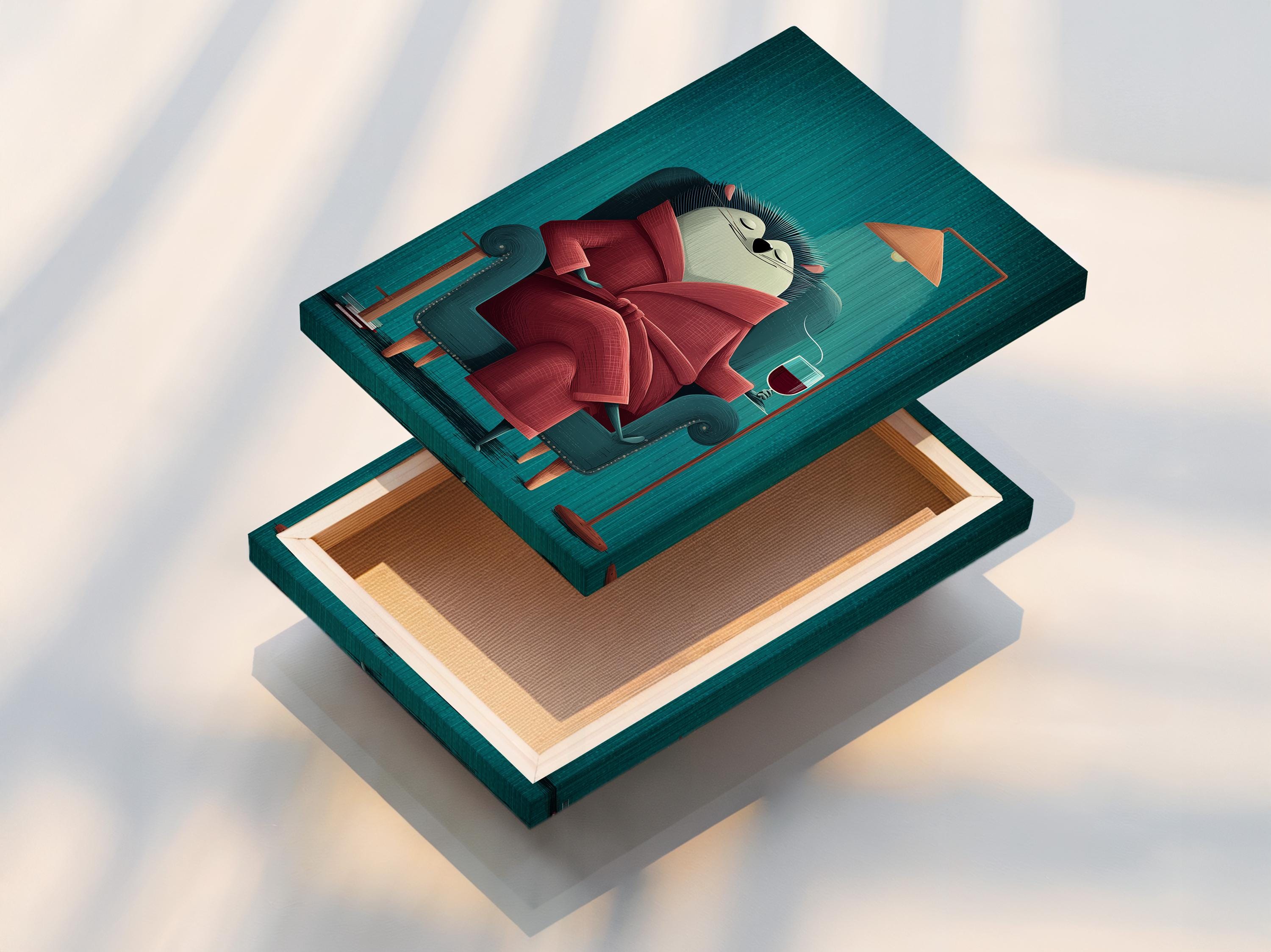 A hedgehog in a teal armchair reads a large red book, outlined by stylised quills on a striped teal background with an orange lamp and a wine glass