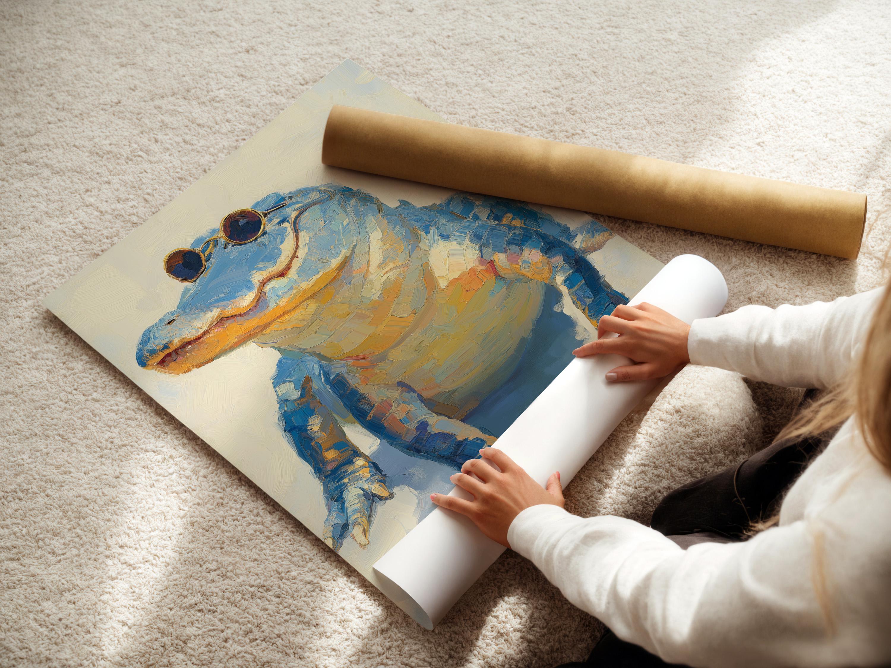 A stylised blue alligator figure wearing round sunglasses on a pale background detail view
