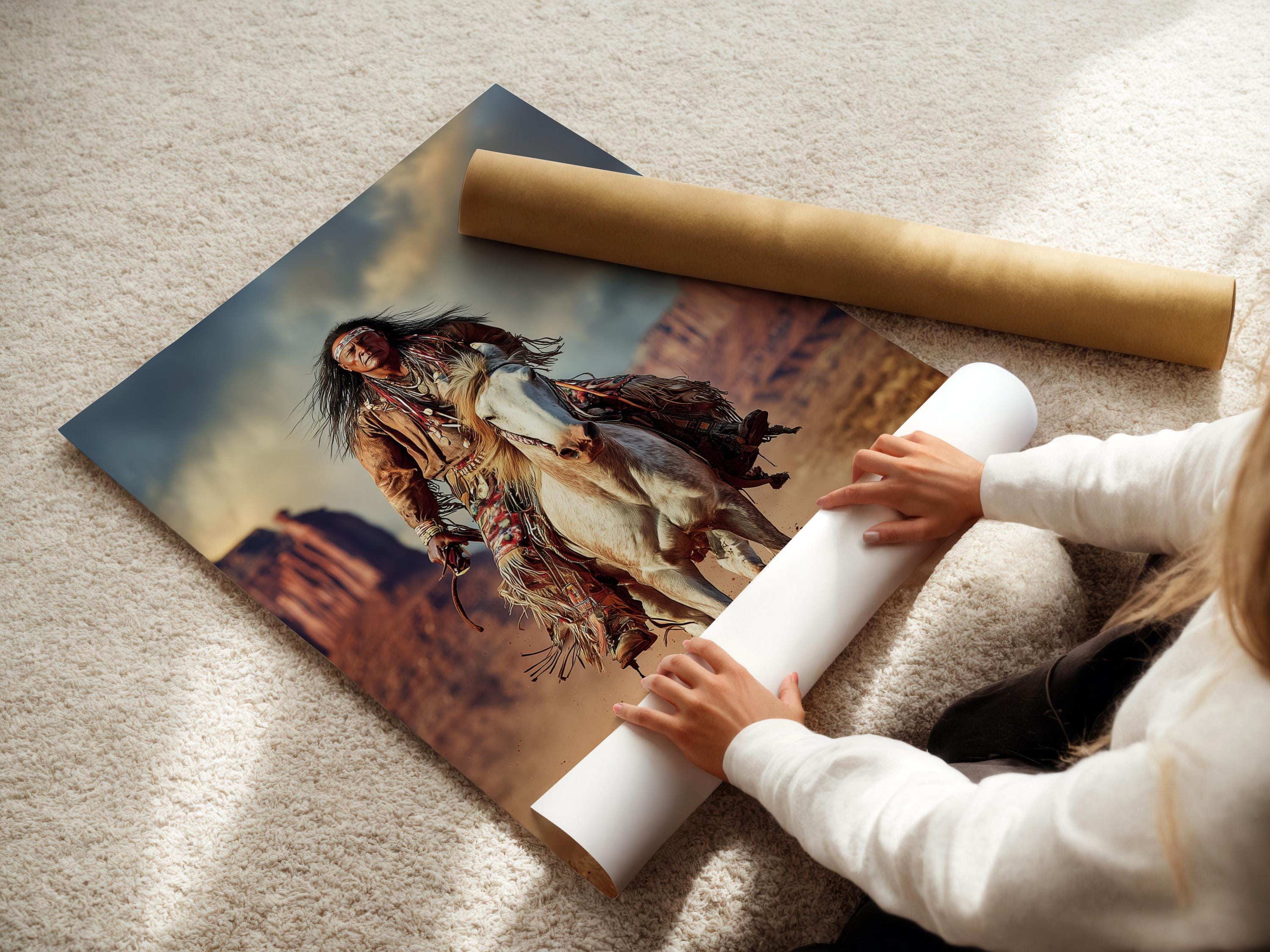 Artwork featuring a rider on a white horse charging through a dusty desert landscape, shown in a room mockup