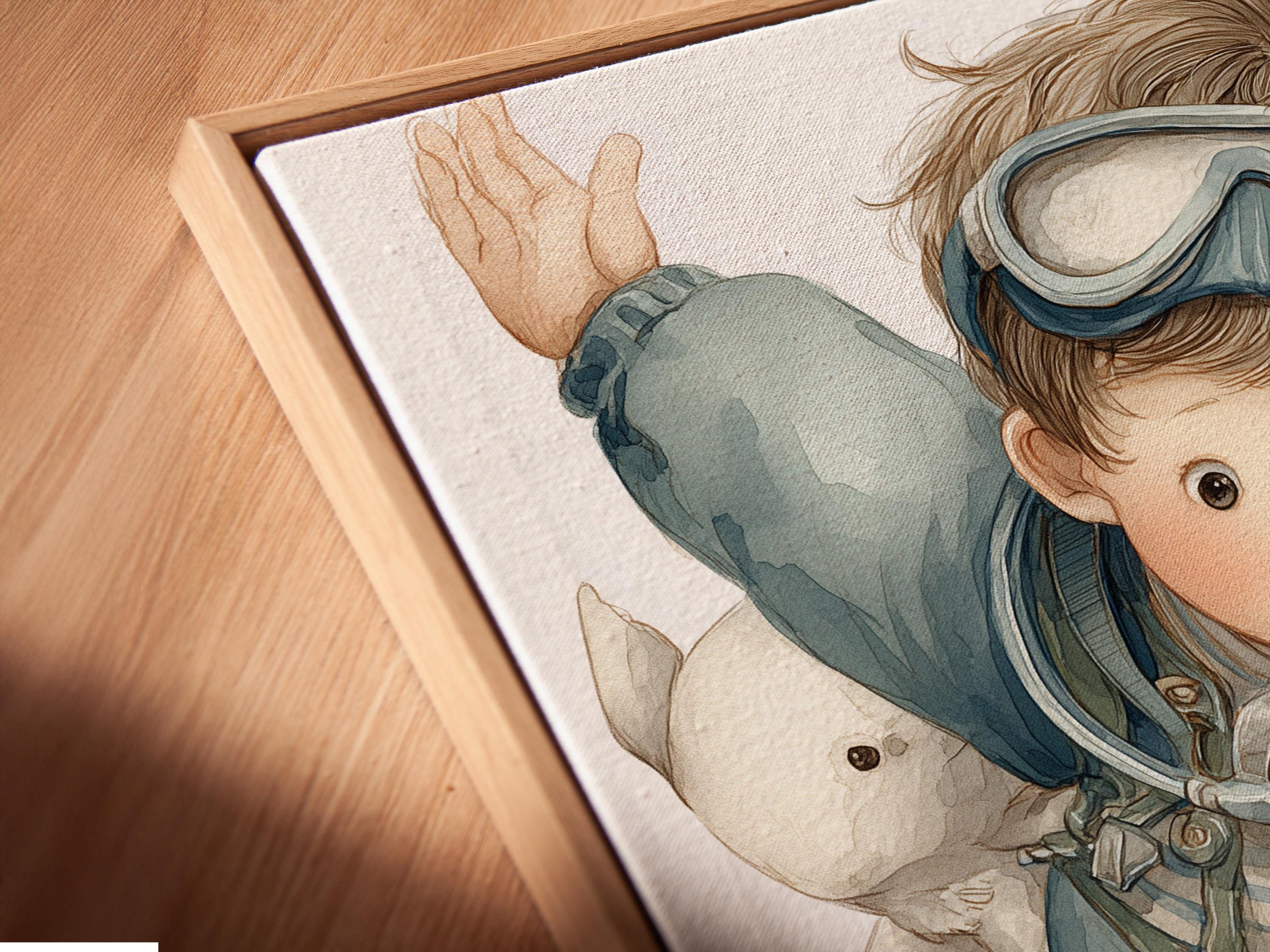 Scuba diving boy illustration with underwater fish floating around him detail view
