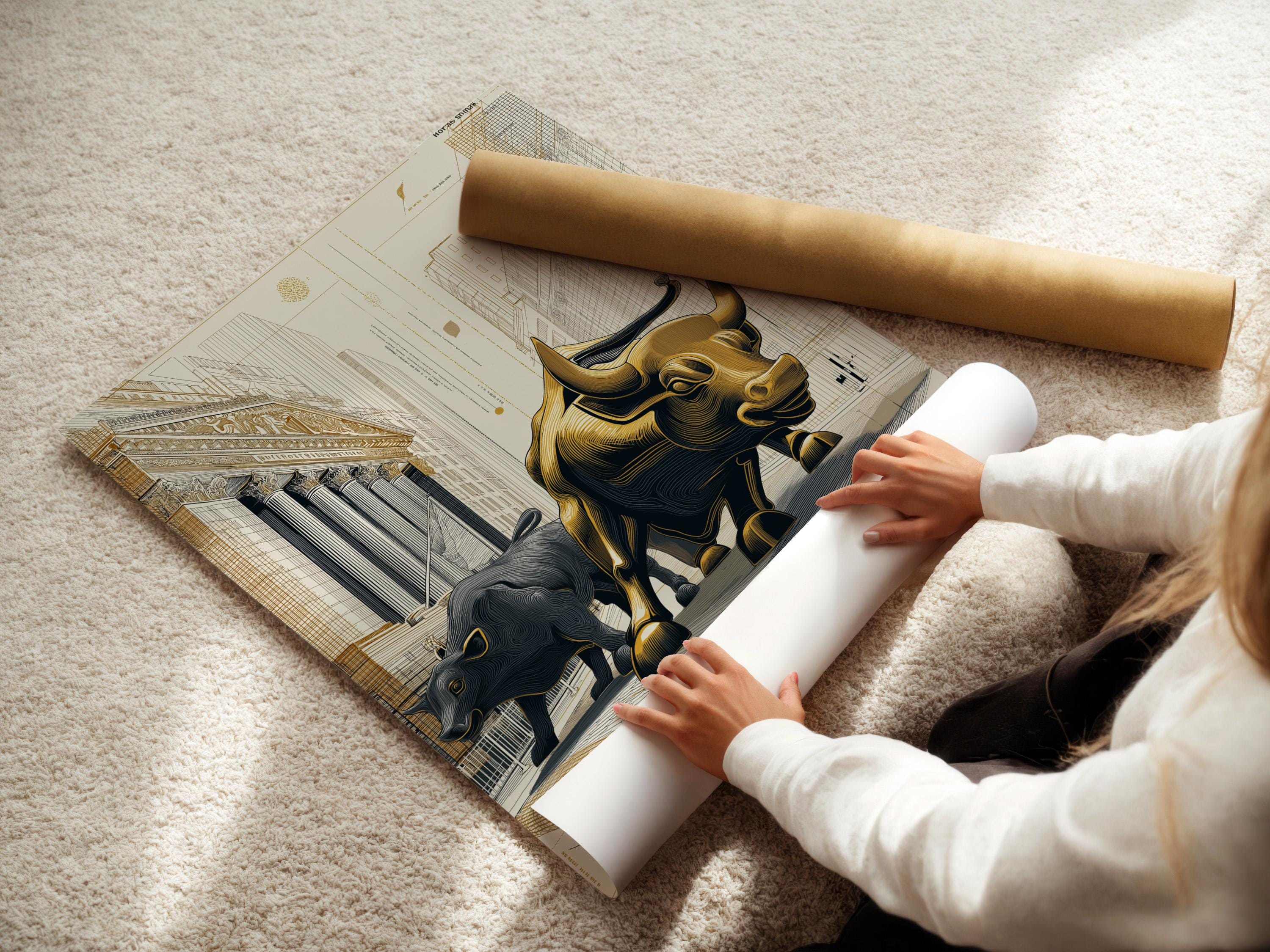 Gold bull and dark bear face-off in an architectural grid city drawing with beige background detail view
