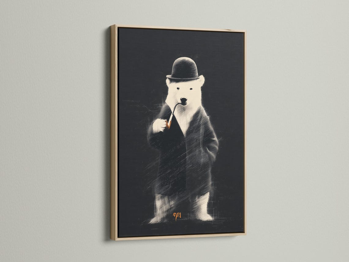 Monochrome polar bear portrait wearing a dark hat and jacket against a textured black background detail view
