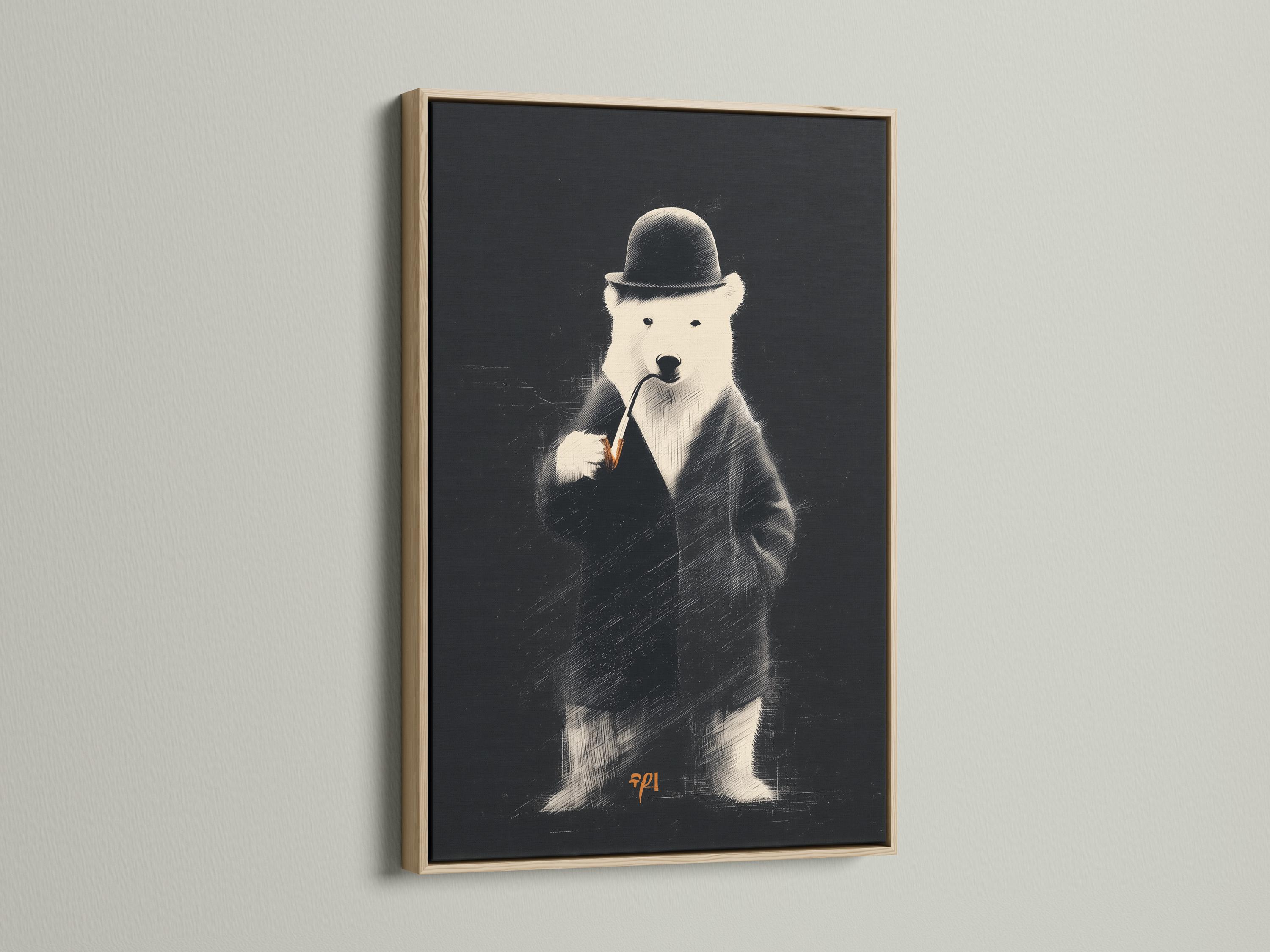 Monochrome polar bear portrait wearing a dark hat and jacket against a textured black background detail view