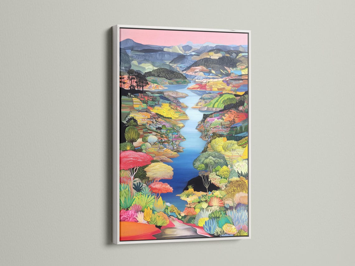 Colourful painterly river landscape with layered hills, bright plants and a pink sky detail view