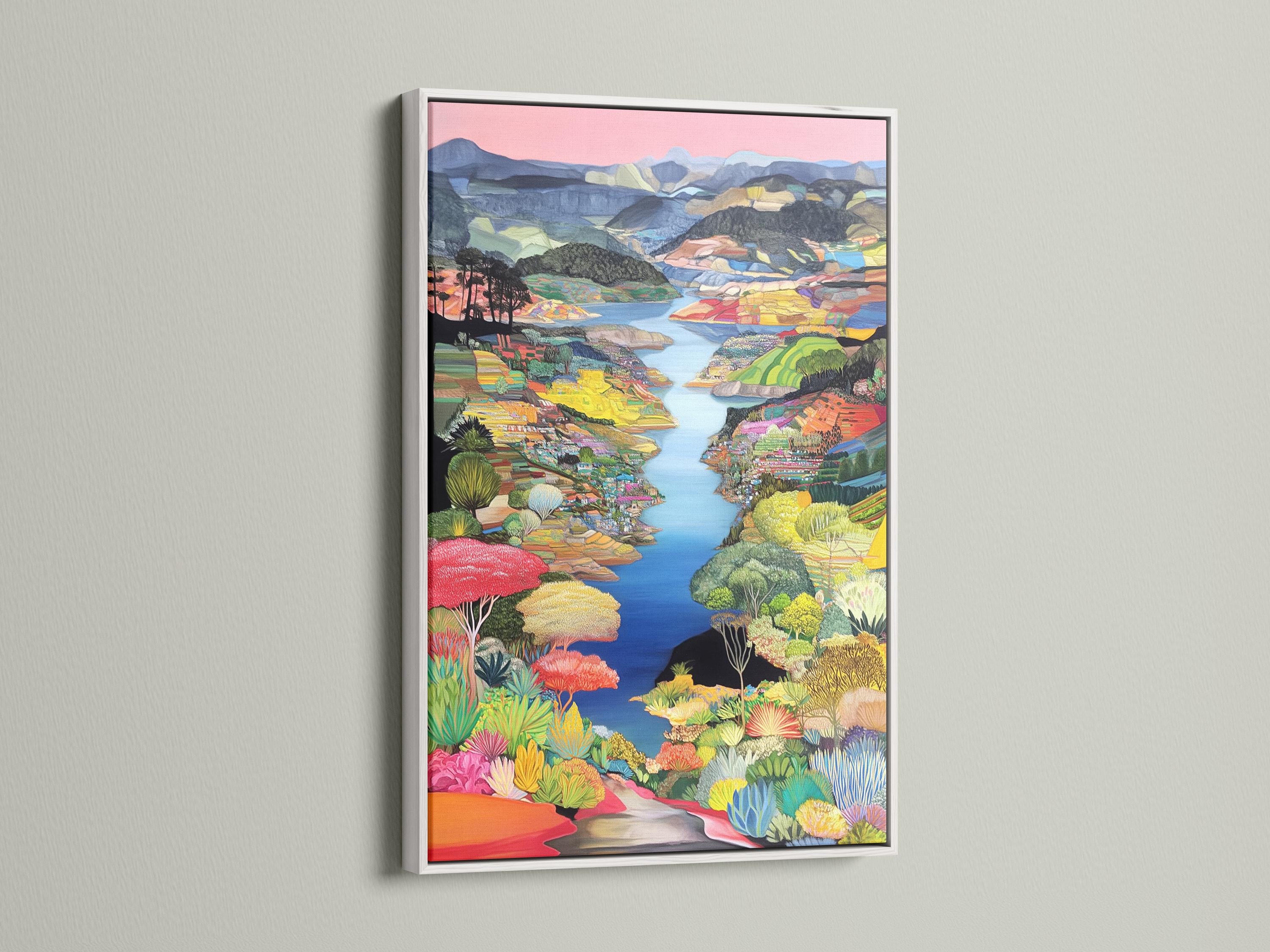 Colourful painterly river landscape with layered hills, bright plants and a pink sky detail view