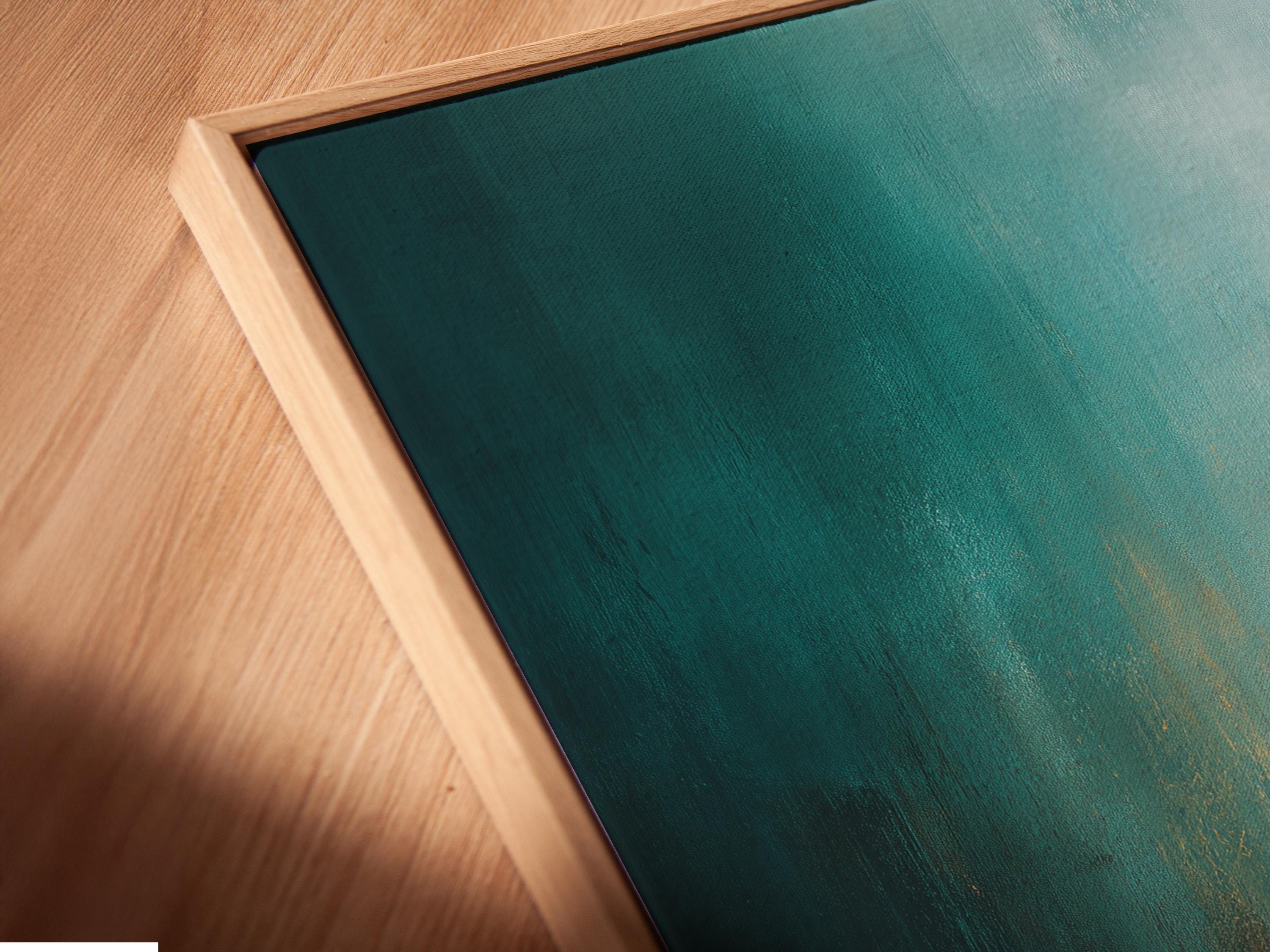 Teal and gold artwork showing a solitary figure silhouette with a warm glow and reflection on the floor detail view
