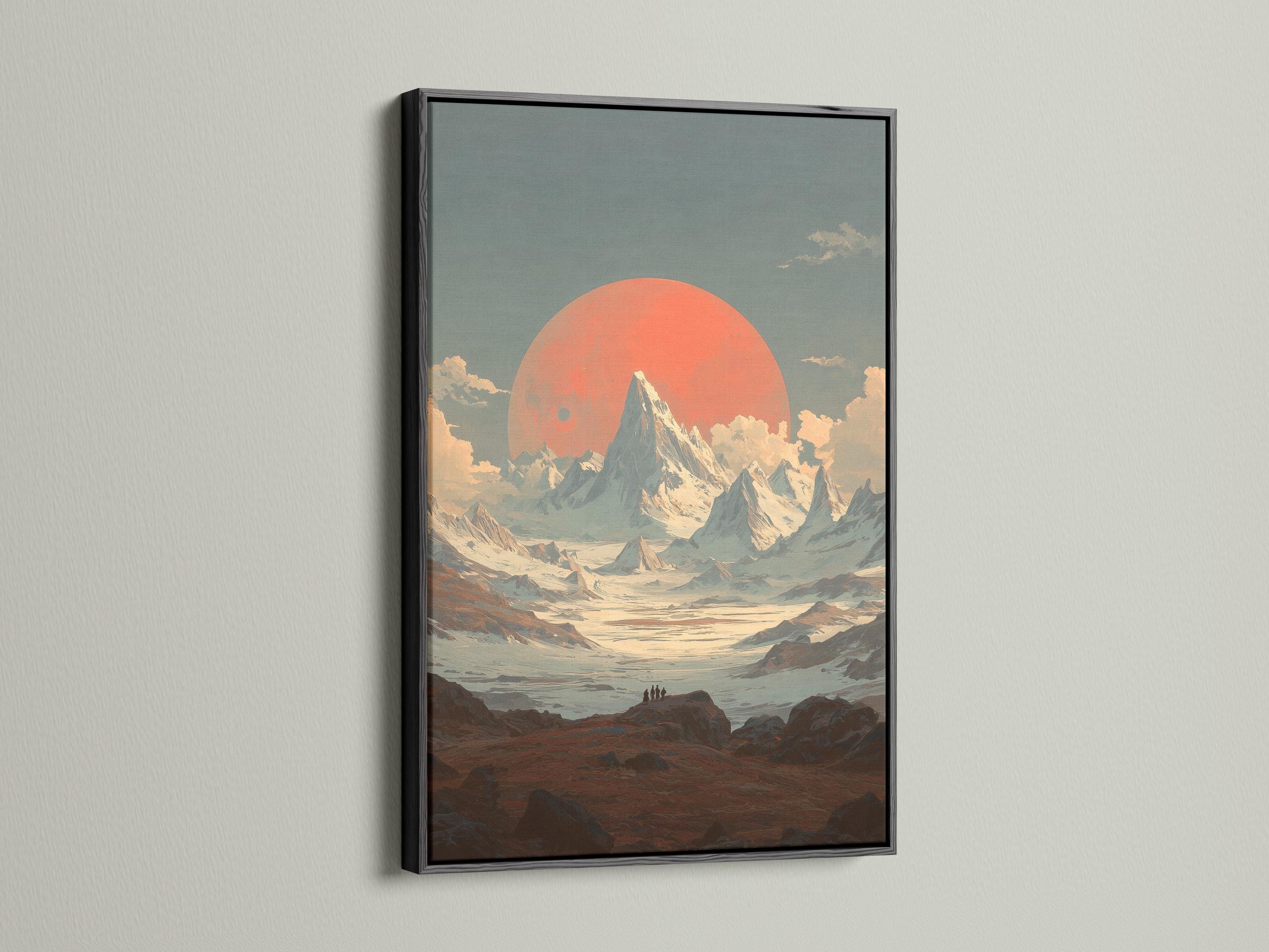 Framed stylised mountain sunset landscape artwork shown in a mock display