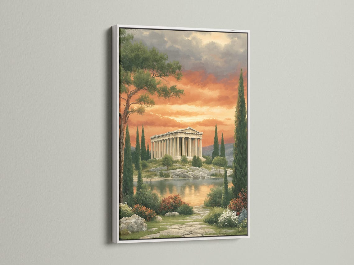 A classical temple by a calm lake under a warm orange sunset sky with trees and greenery in the foreground detail view