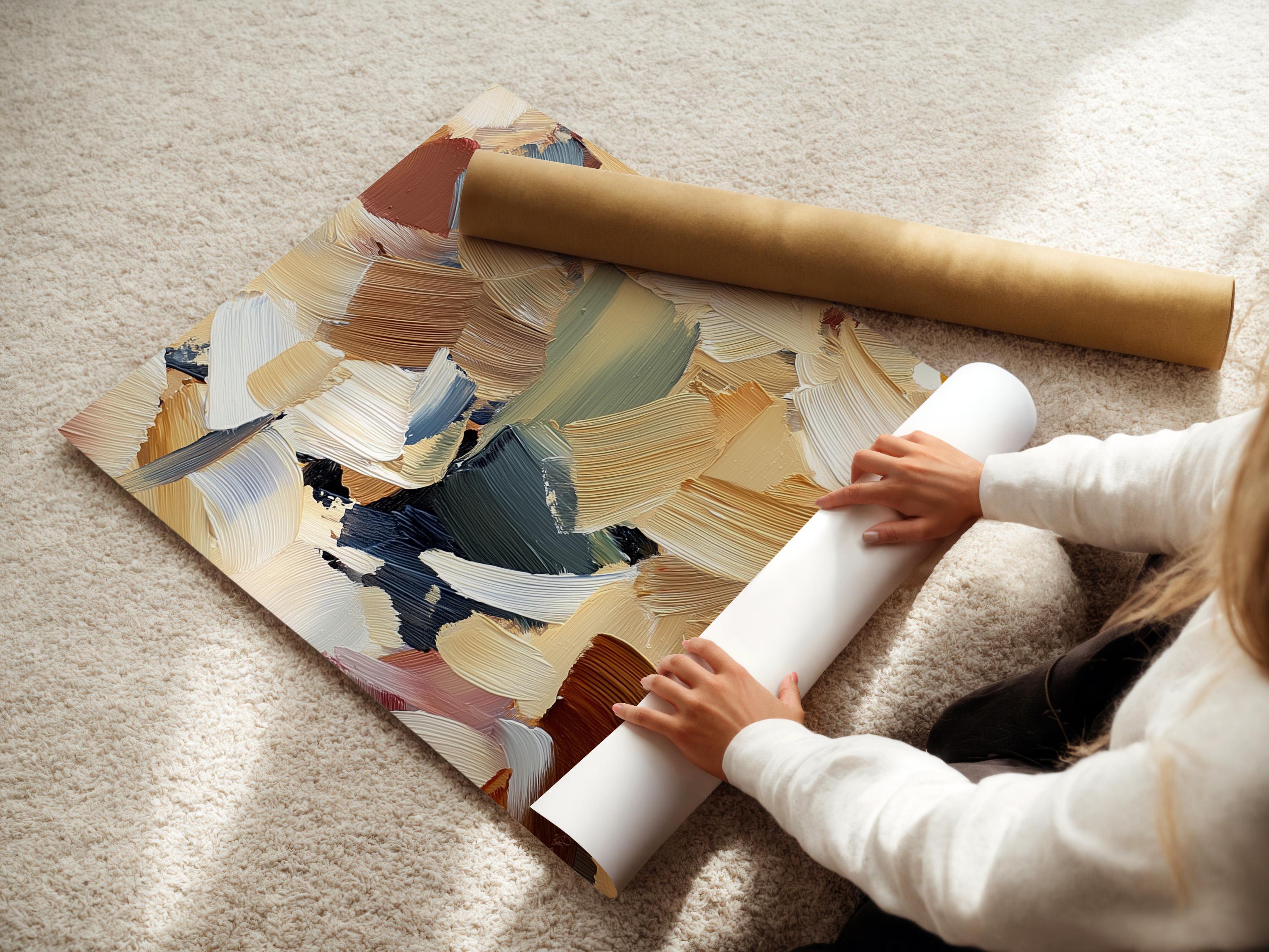 Room mockup showing an abstract beige and blue artwork in a frame with side angle thumbnails