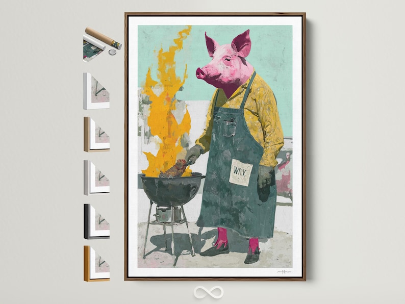 Quirky pig chef illustration by a grill with yellow flames and a mint green background