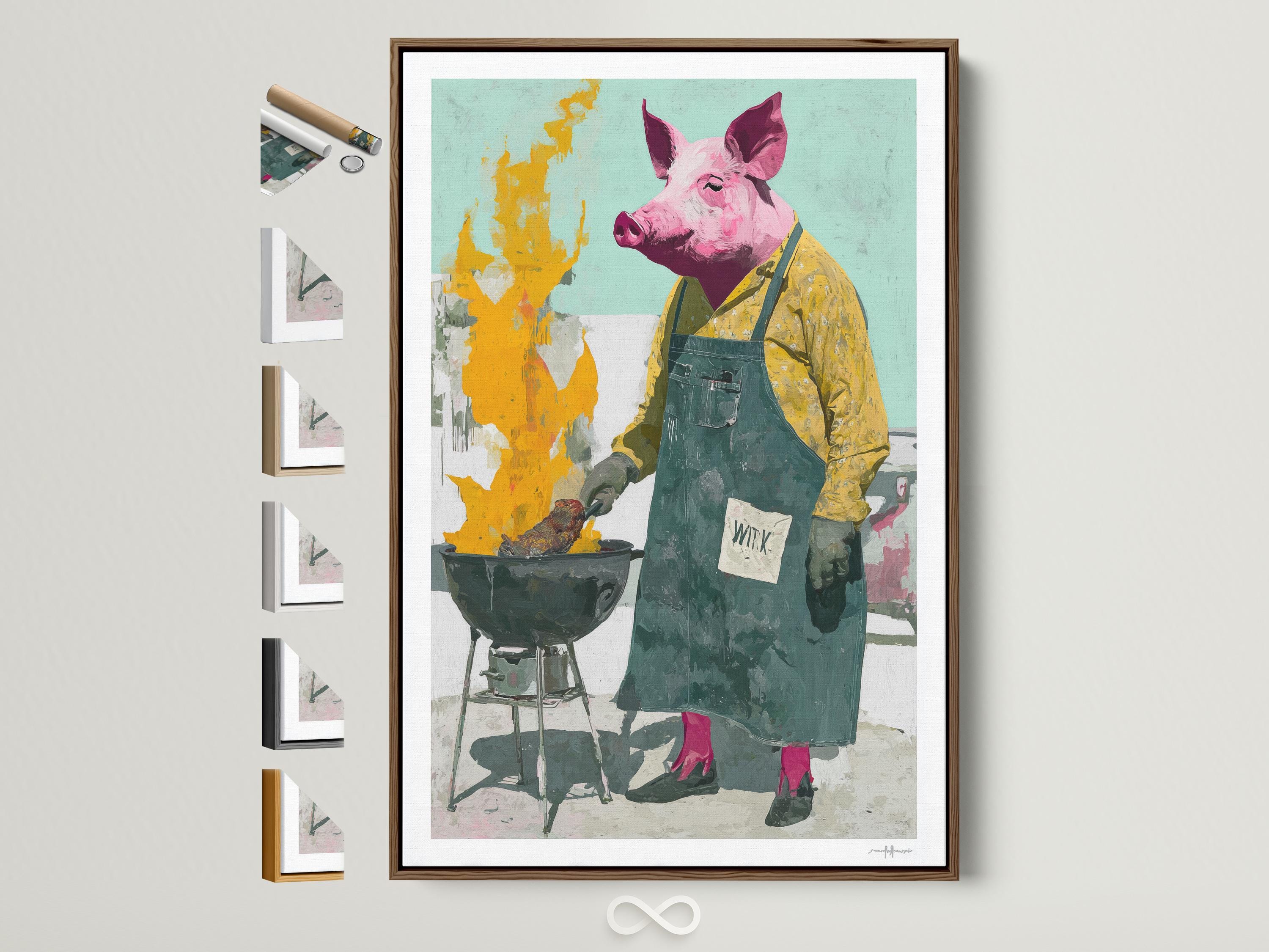 Quirky pig chef illustration by a grill with yellow flames and a mint green background