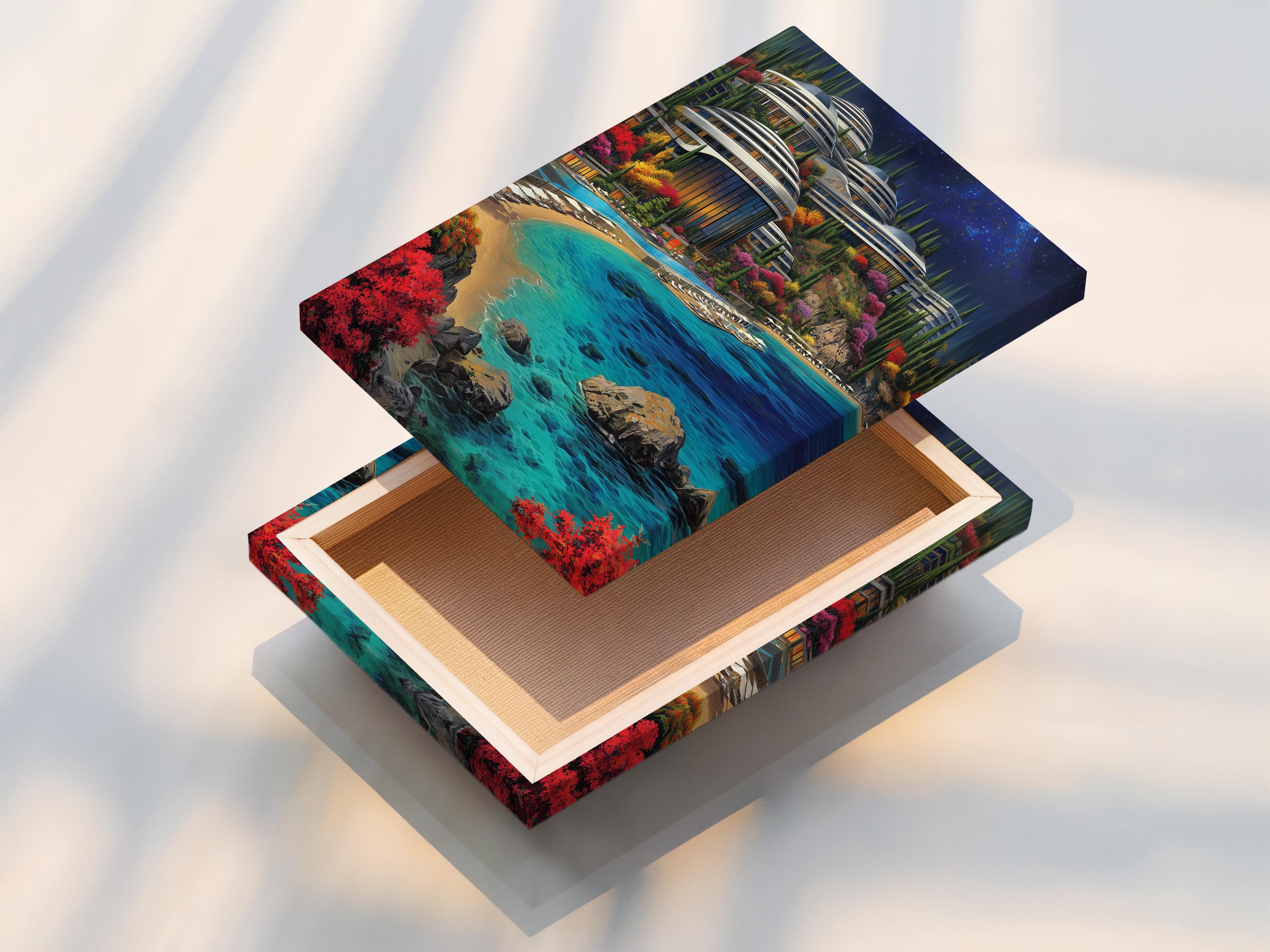 Turquoise ocean coastal cityscape with glowing futuristic towers, colourful gardens and starry night sky detail view