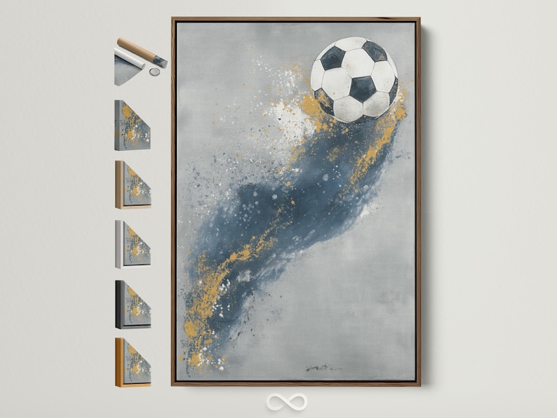A stylised soccer ball sits on a textured, grey-blue background with scattered white speckles and warm gold paint-like splashes