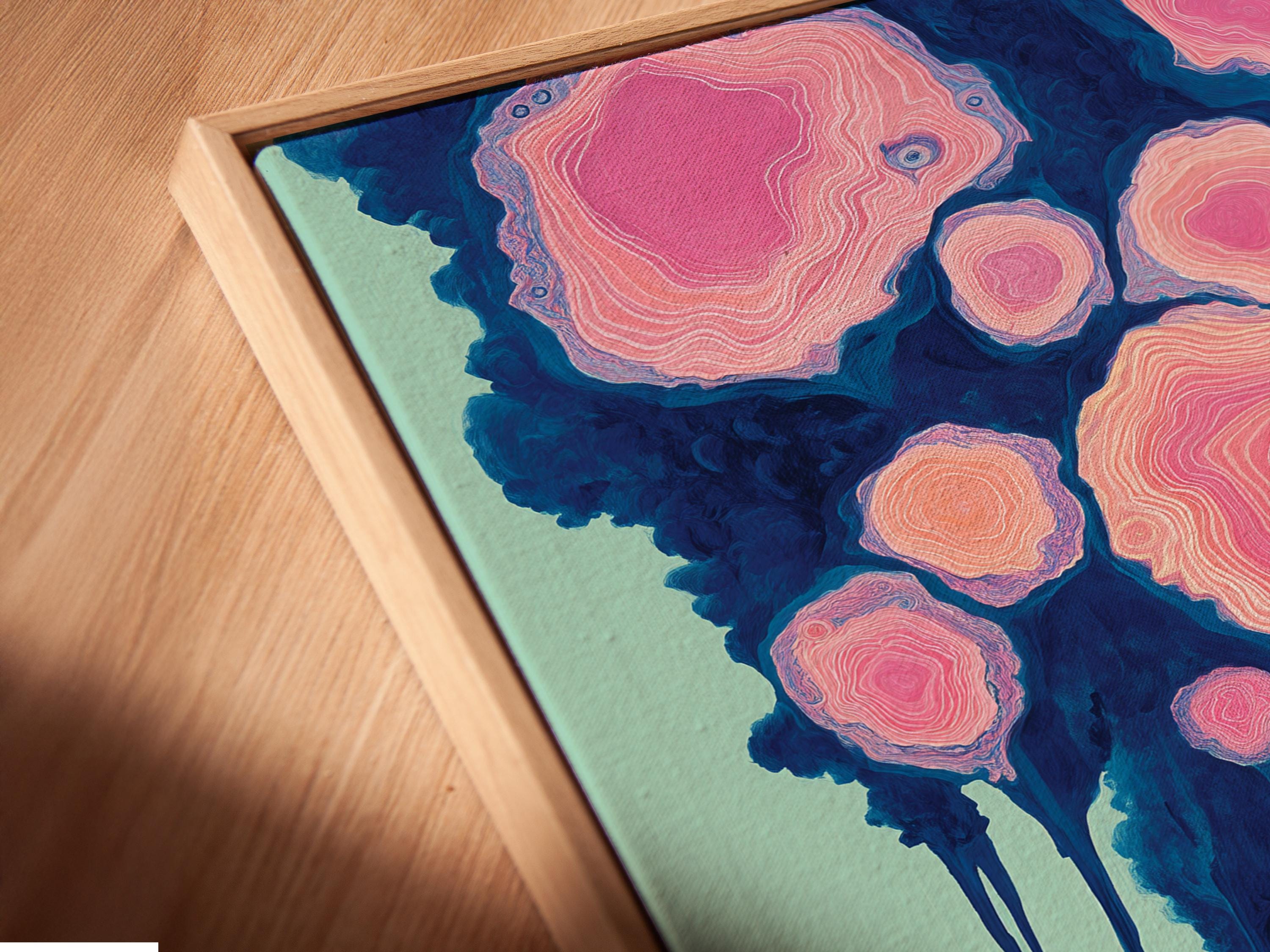 Teal and pink abstract forest scene with concentric ring-like forms and drips detail view