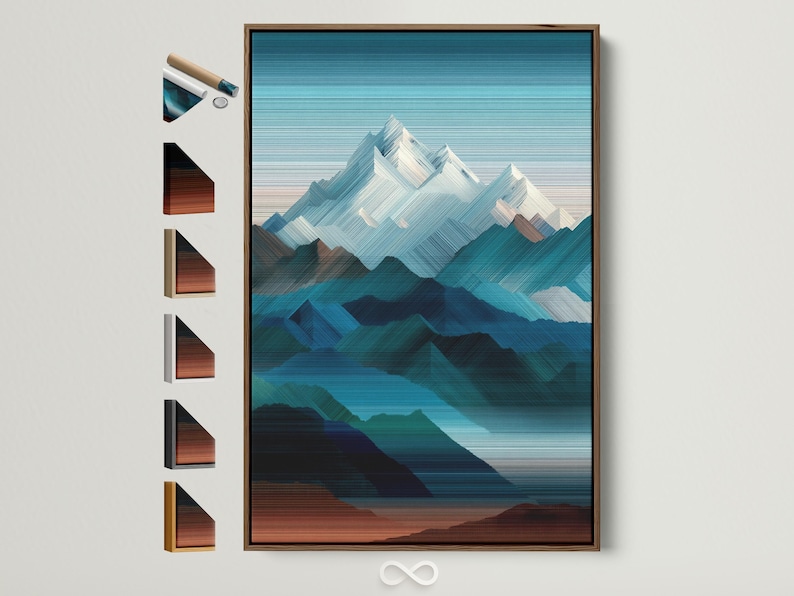 Abstract geometric mountainscape artwork with teal, navy and white peaks