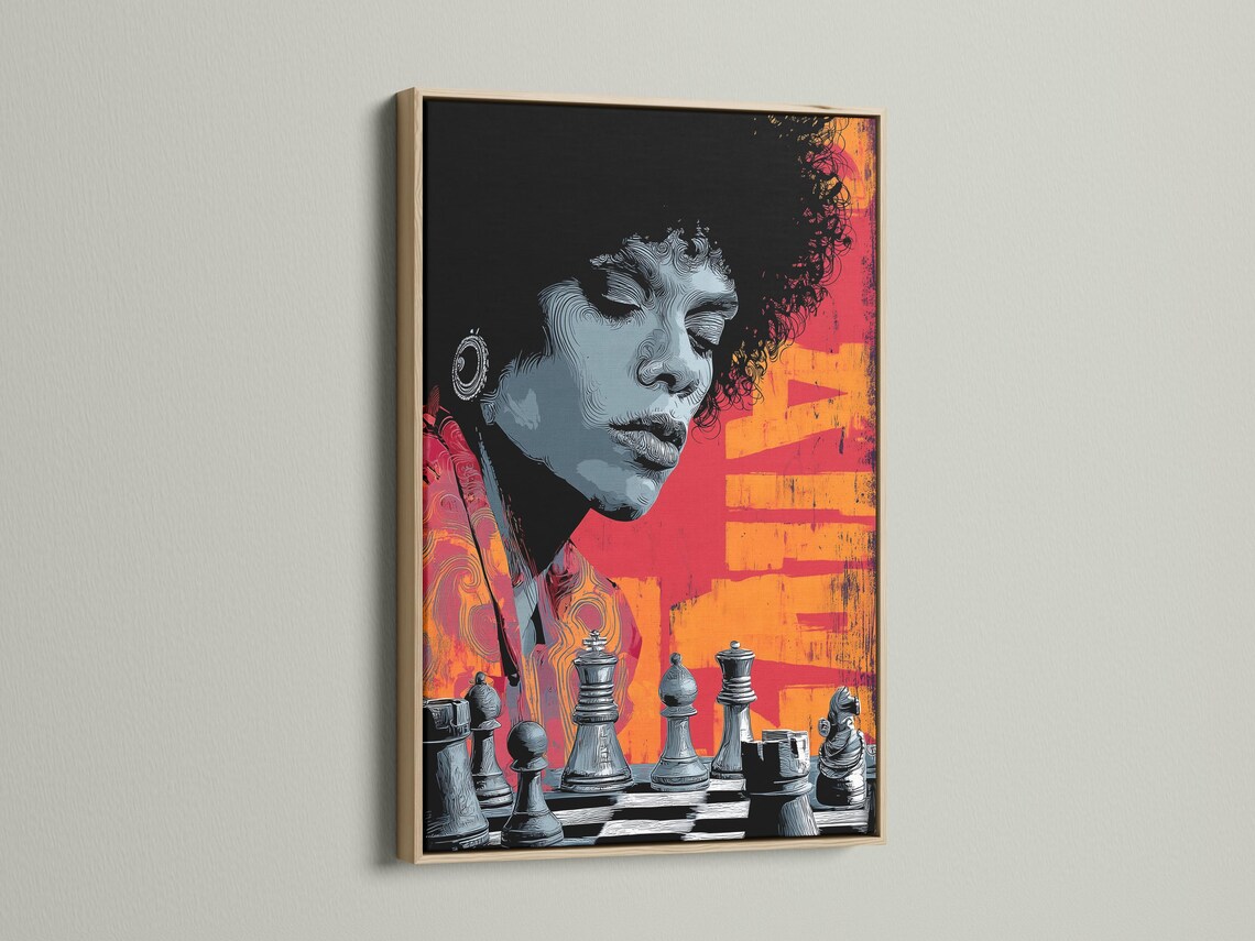 Stylised chess player portrait with orange and red geometric blocks and monochrome chess pieces detail view