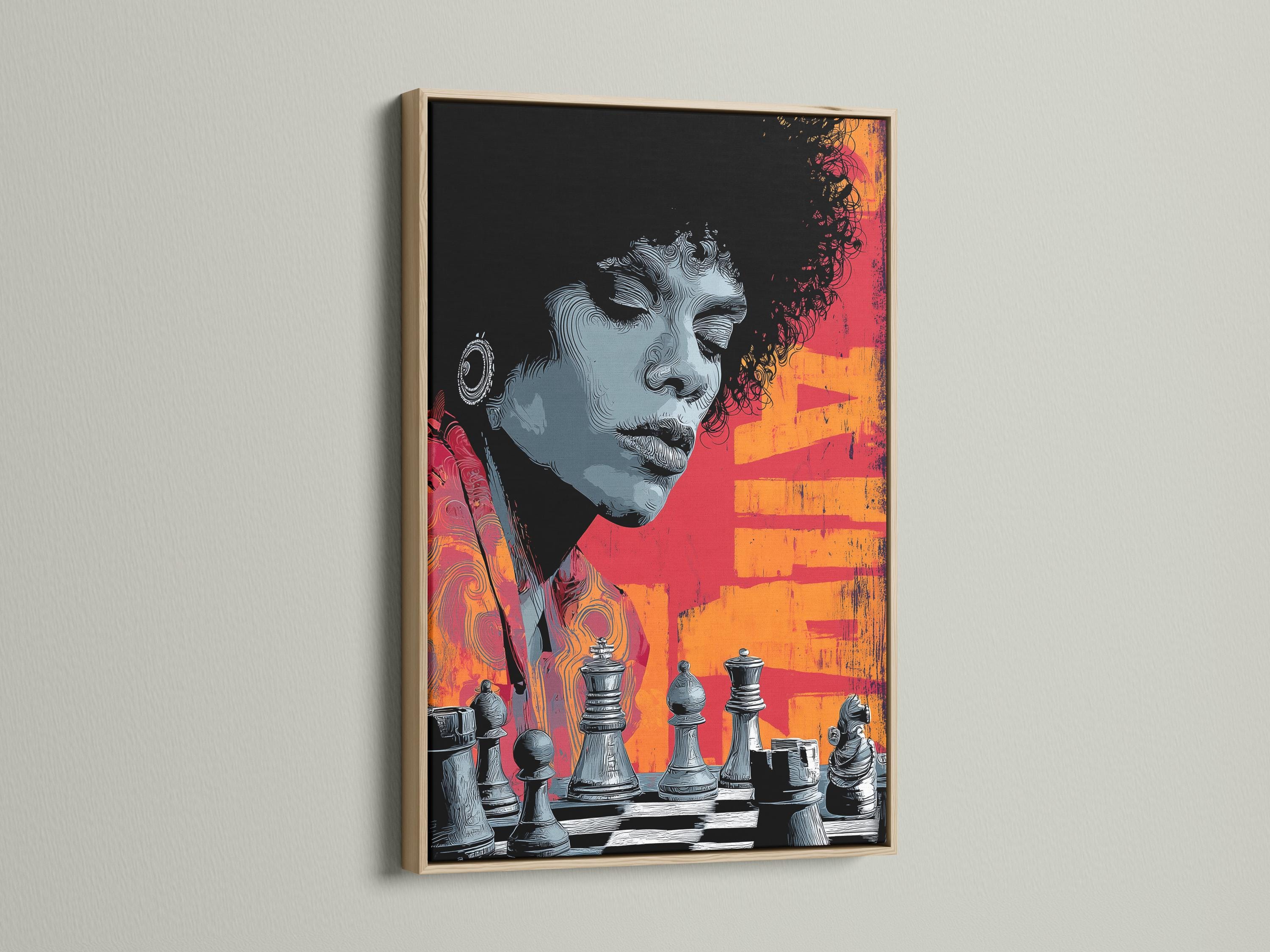 Stylised chess player portrait with orange and red geometric blocks and monochrome chess pieces detail view