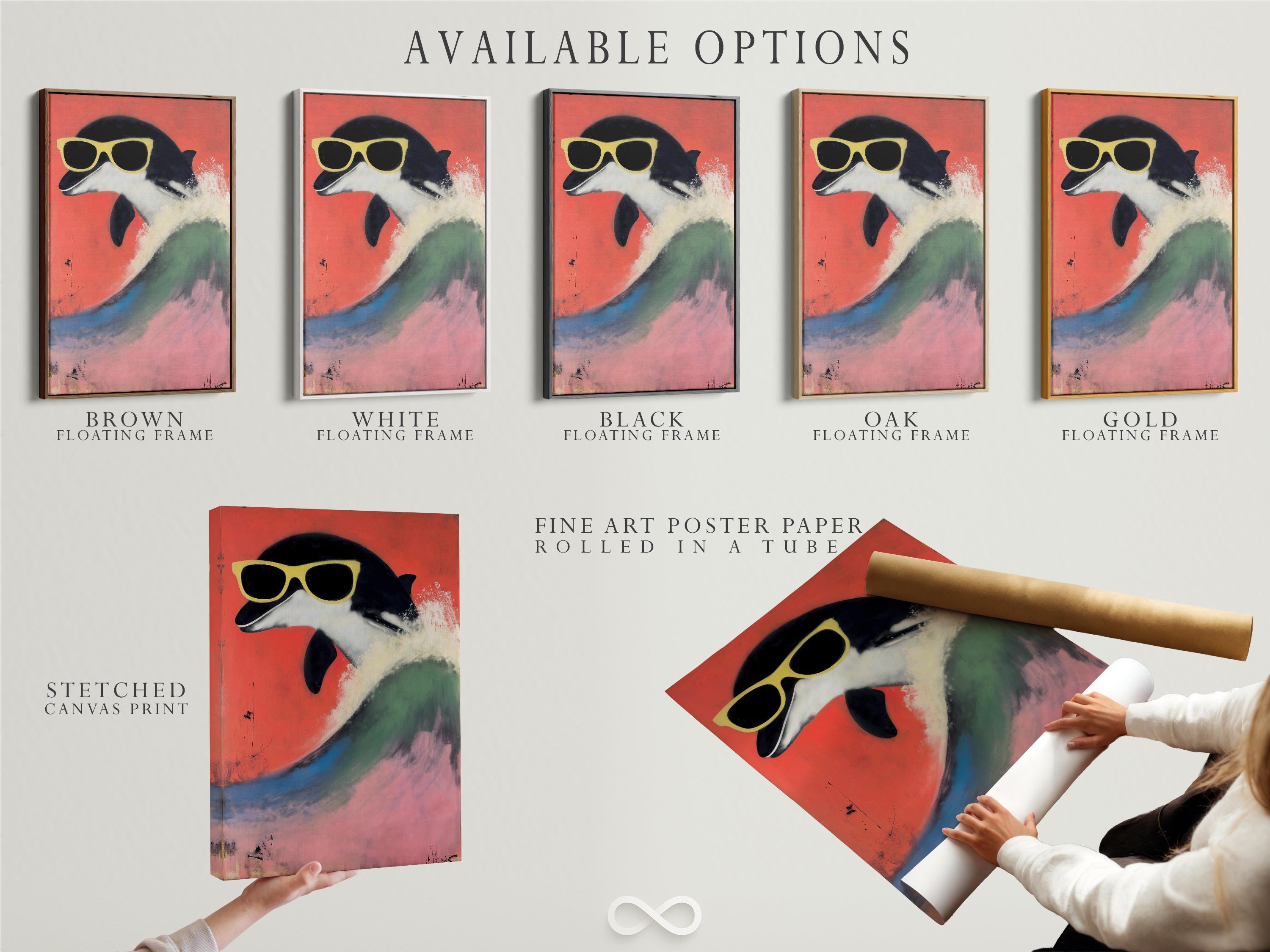 Stylised dolphin wearing oversized sunglasses against a coral red background with teal wave-like colours detail view