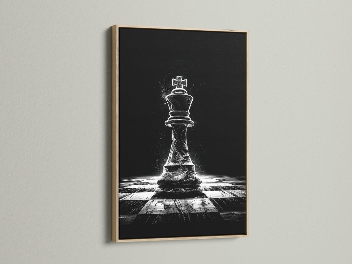 Black and white chess king illustration with a speckled background and perspective chessboard floor detail view