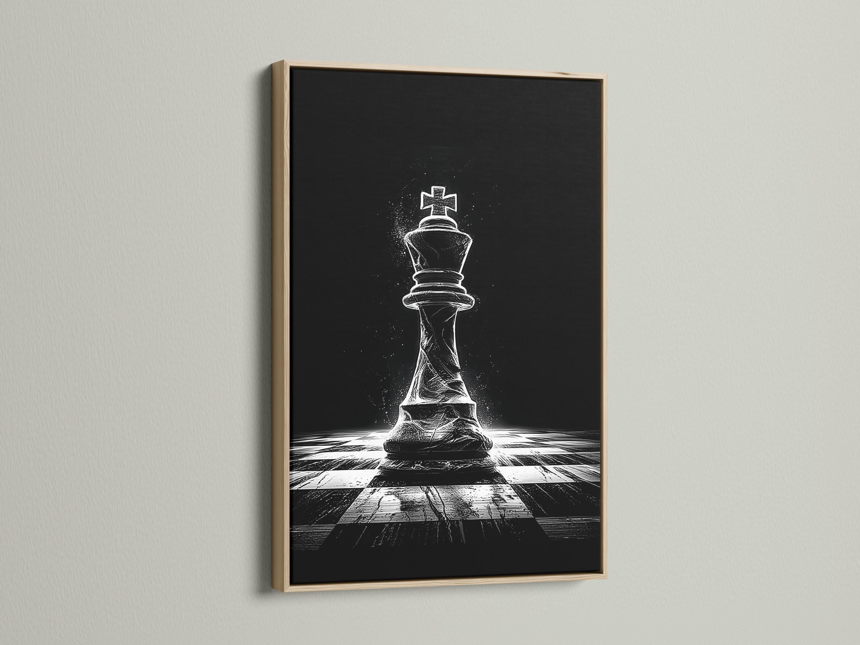 Black and white chess king illustration with a speckled background and perspective chessboard floor detail view