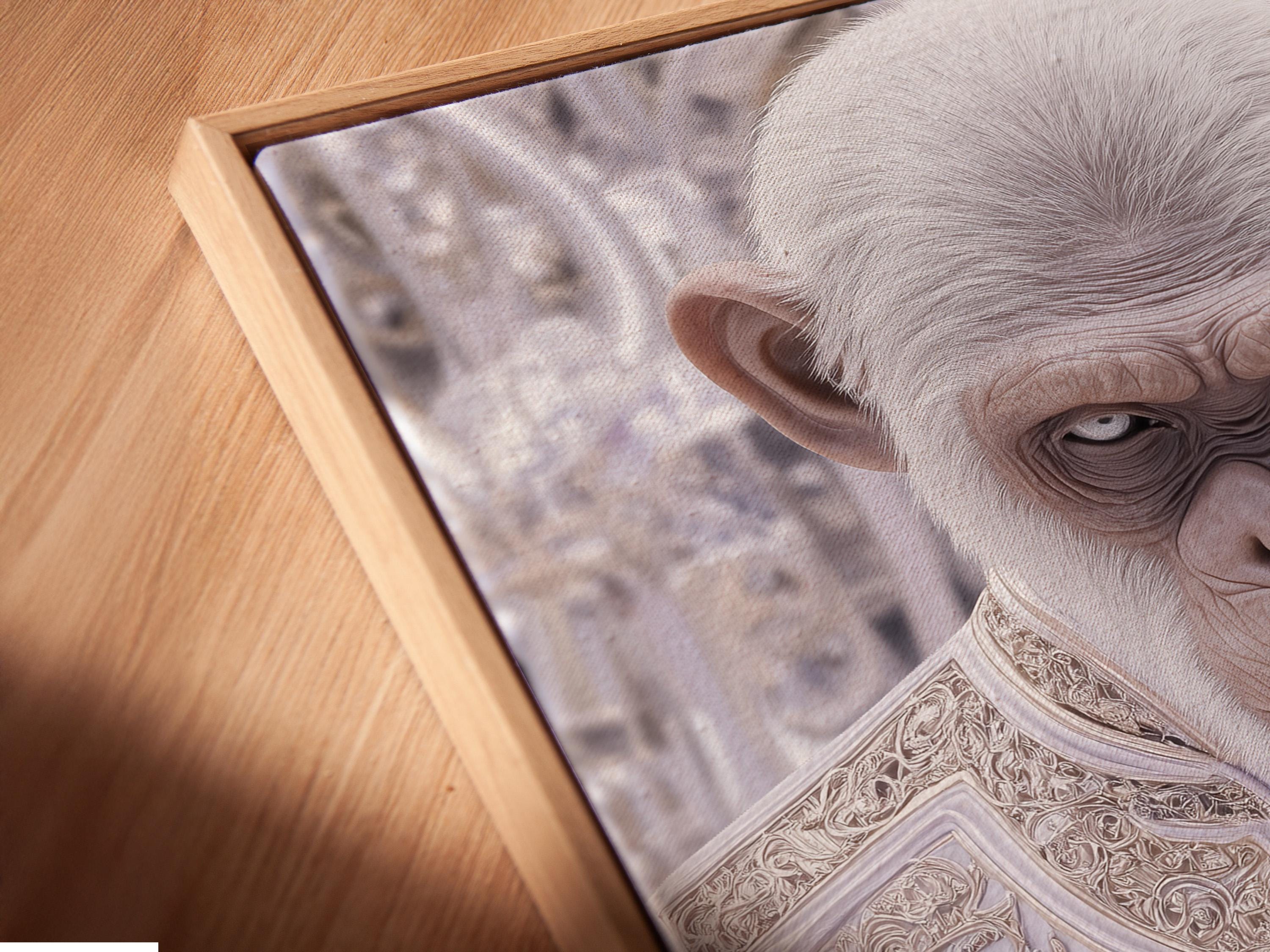 Surreal white monkey-like figure in ornate pale robes with cross motif in a soft lilac background detail view