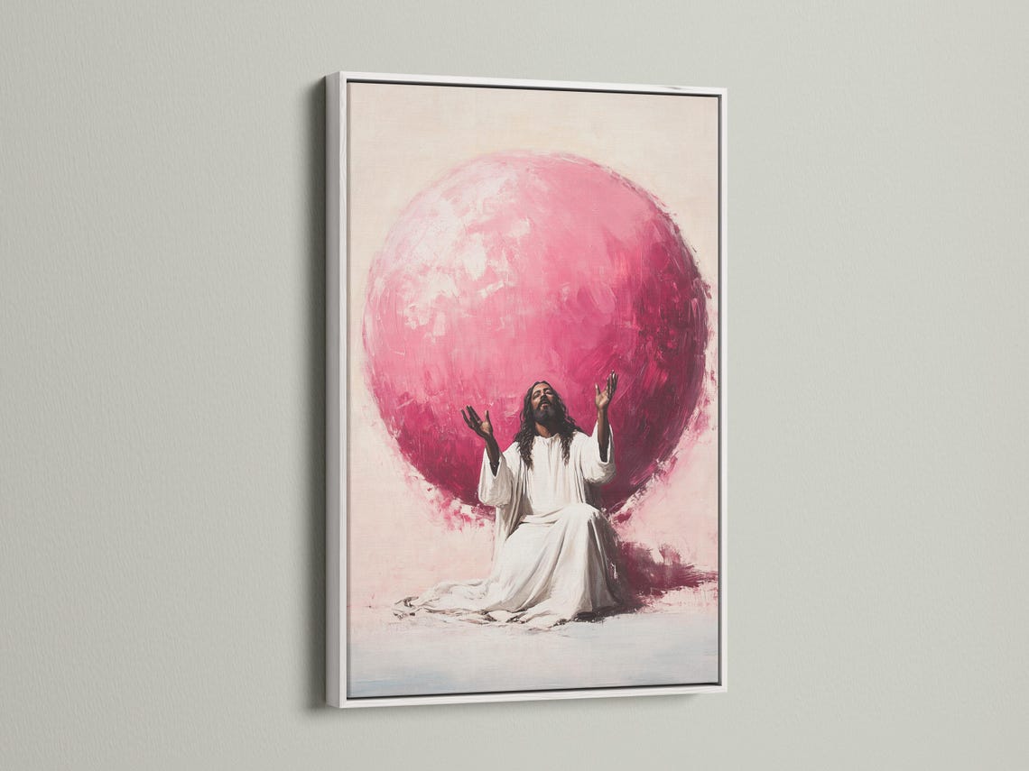 Seated robed figure with raised hands beneath a large glowing pink orb on a beige background detail view