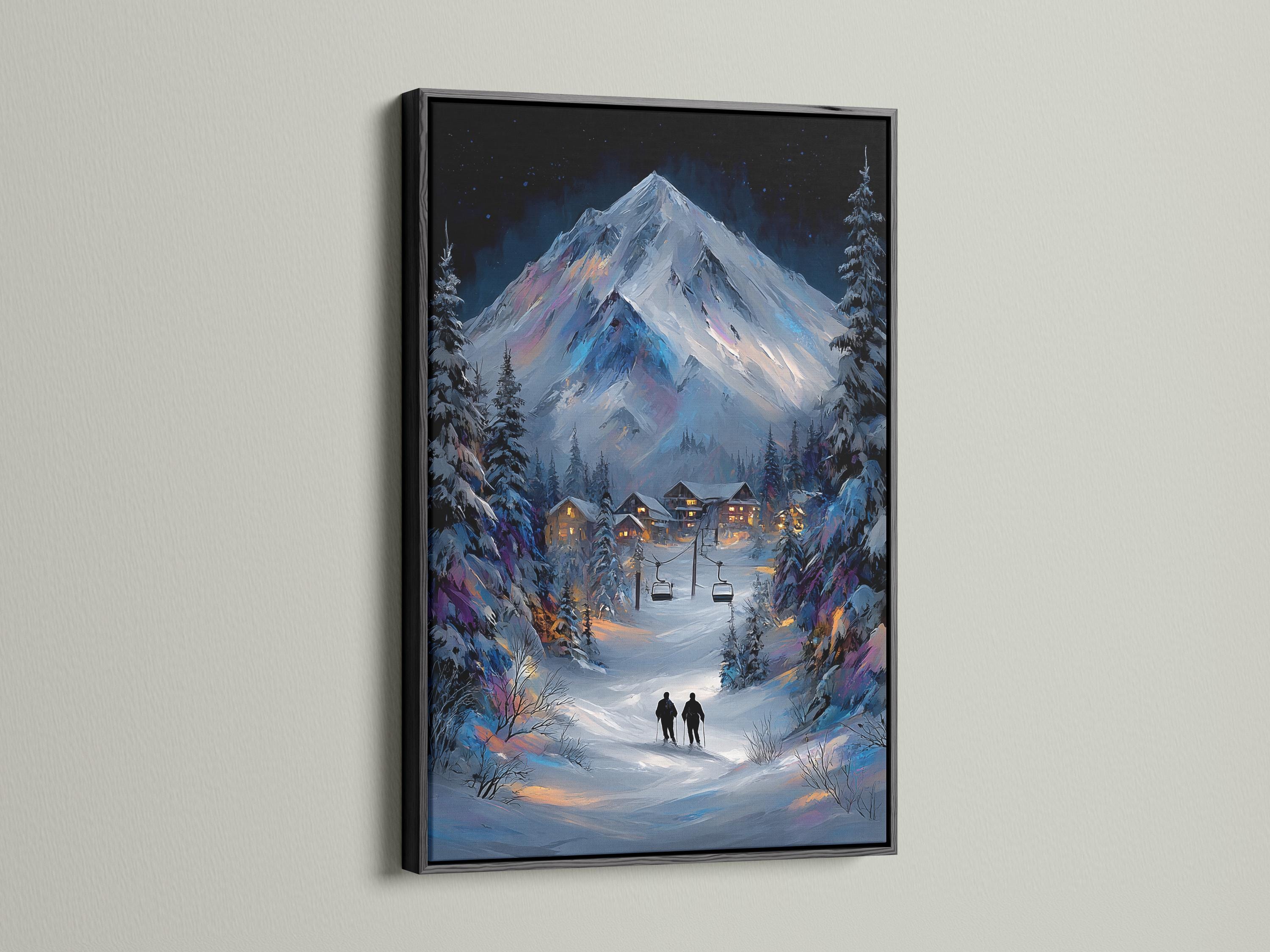 Snowy mountain night scene with pine trees, a ski village and warm lit windows under stars detail view