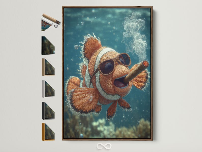 Illustrated clownfish swimming underwater with orange coral, bubbles, and wispy smoke-like curls