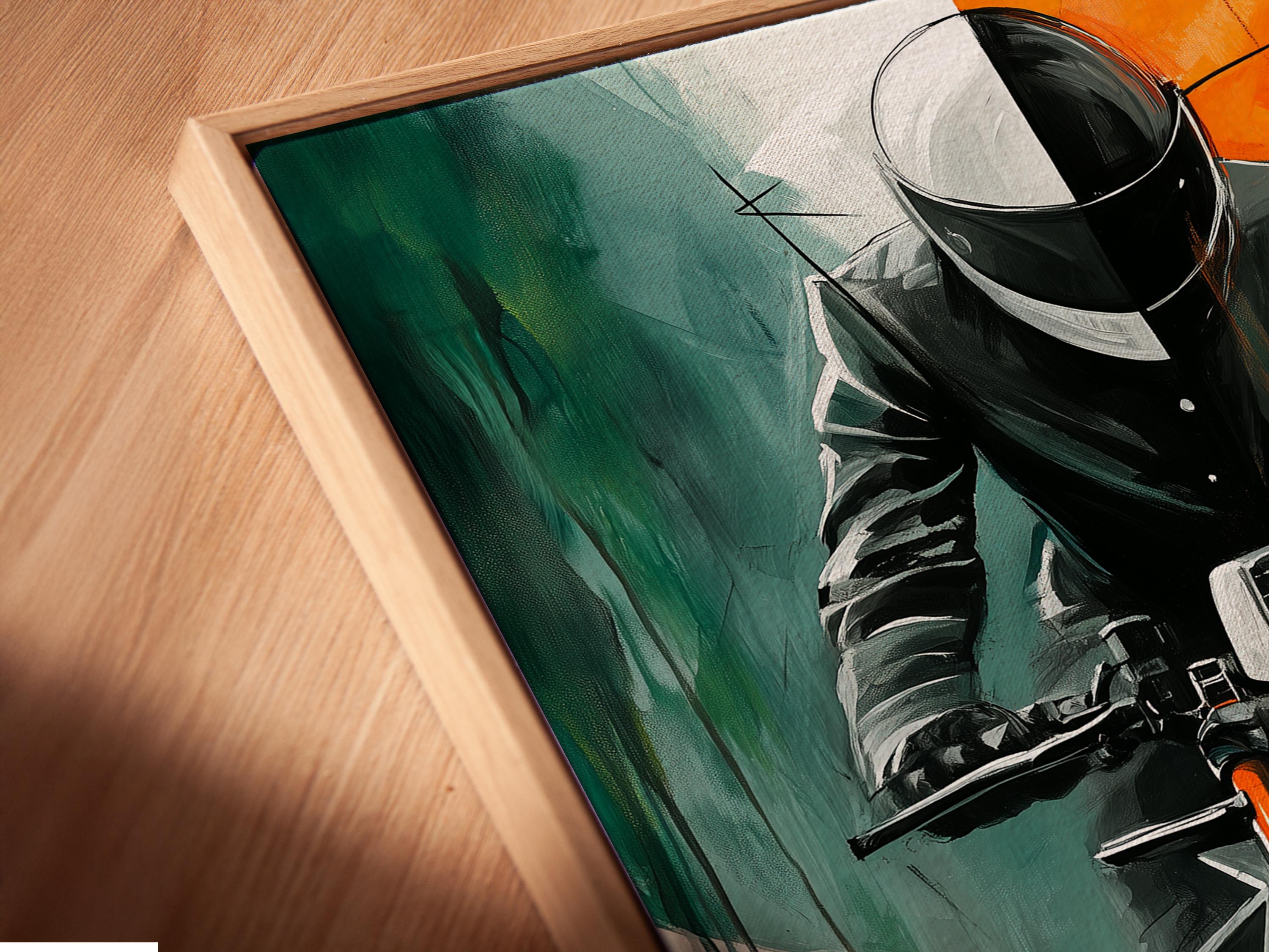 Stylised motorcyclist with helmet, headlight and retro road scene in orange, teal and grey detail view
