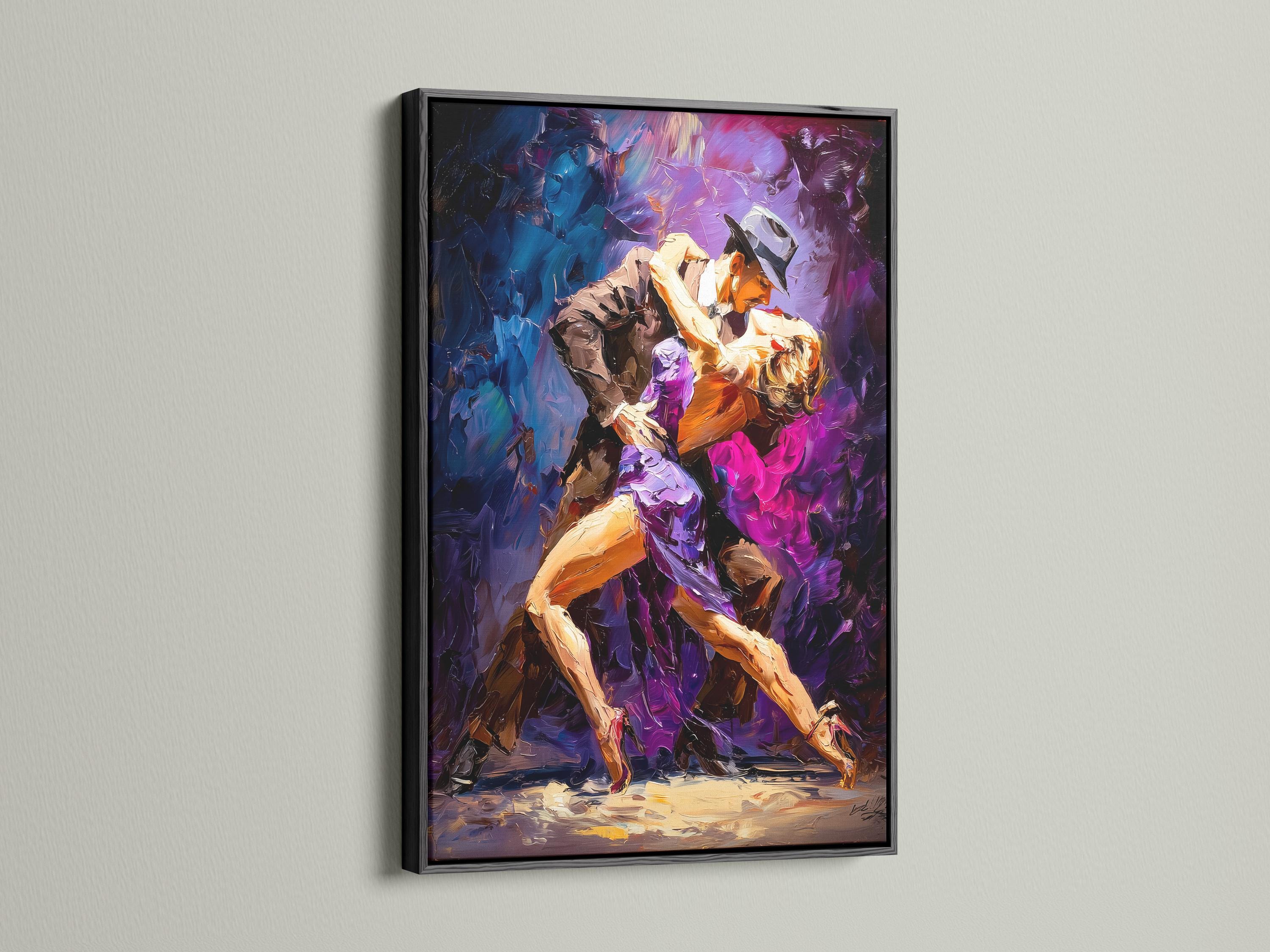 Framed tango dance artwork showing two dancing figures in purple, blue and gold tones detail view