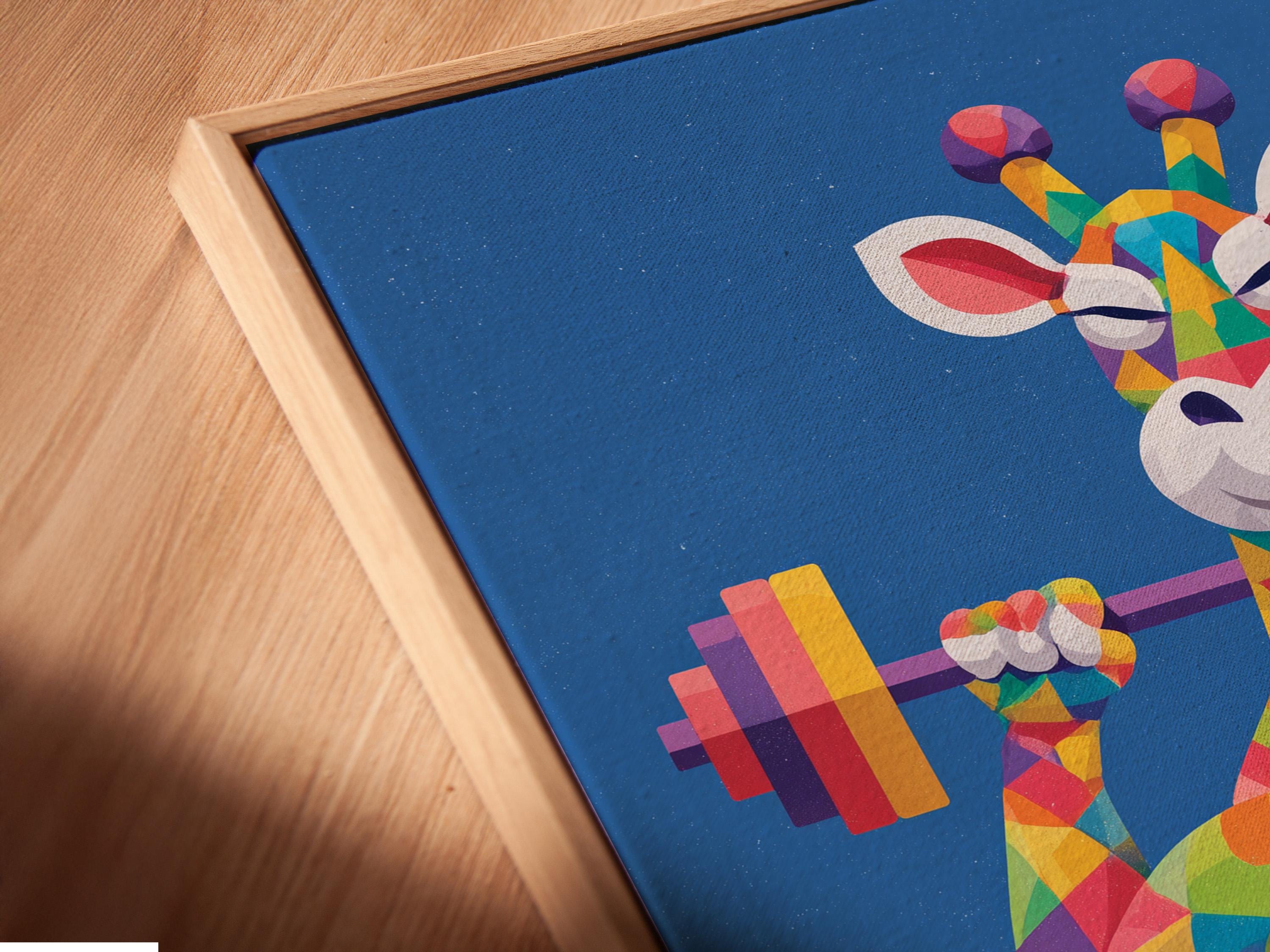 Geometric giraffe lifting dumbbells in bright multicolour polygons on a blue background detail view
