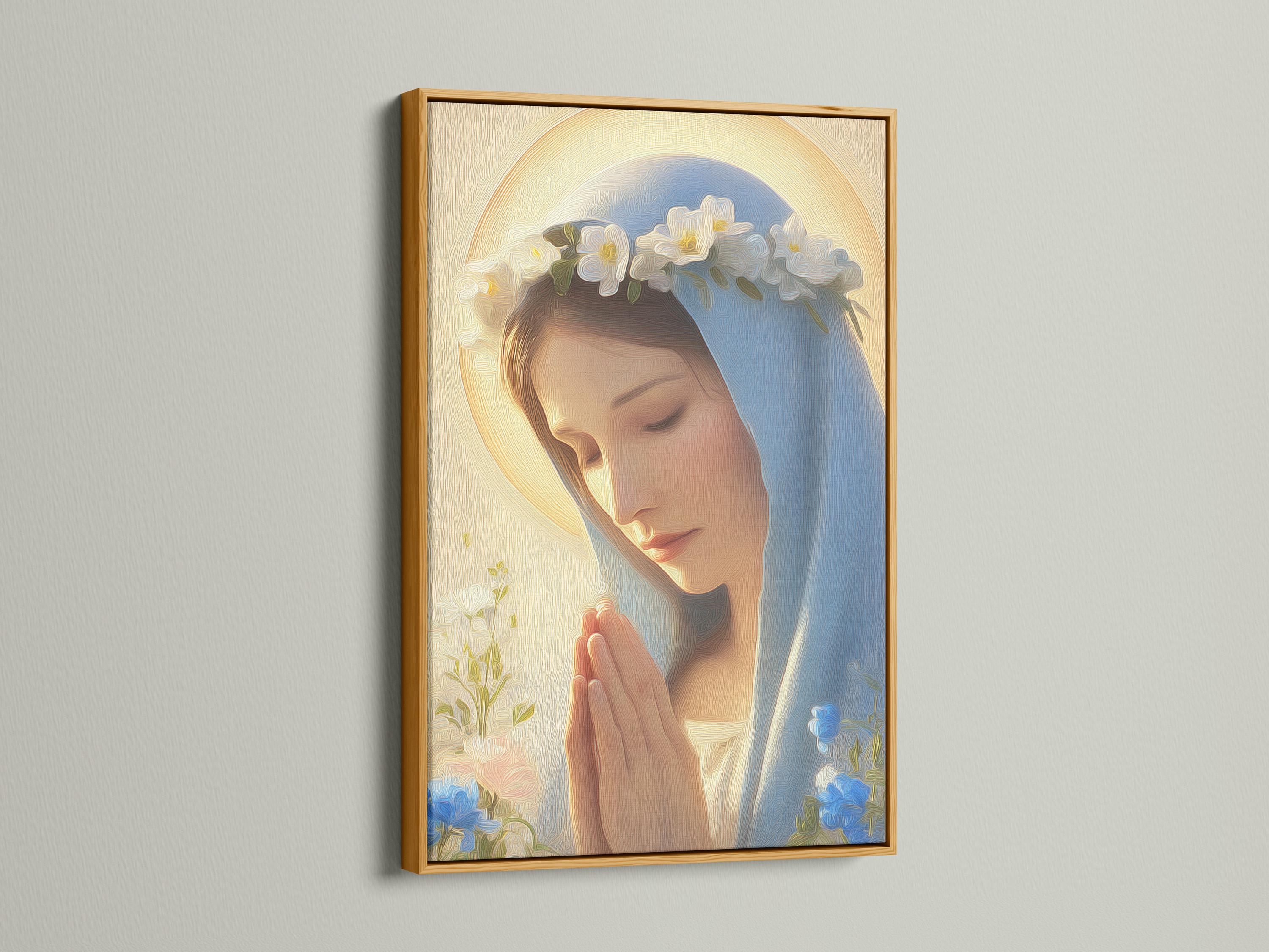 Framed religious portrait on a wall with a bowed robed woman, blue veil, golden halo glow, and clouds