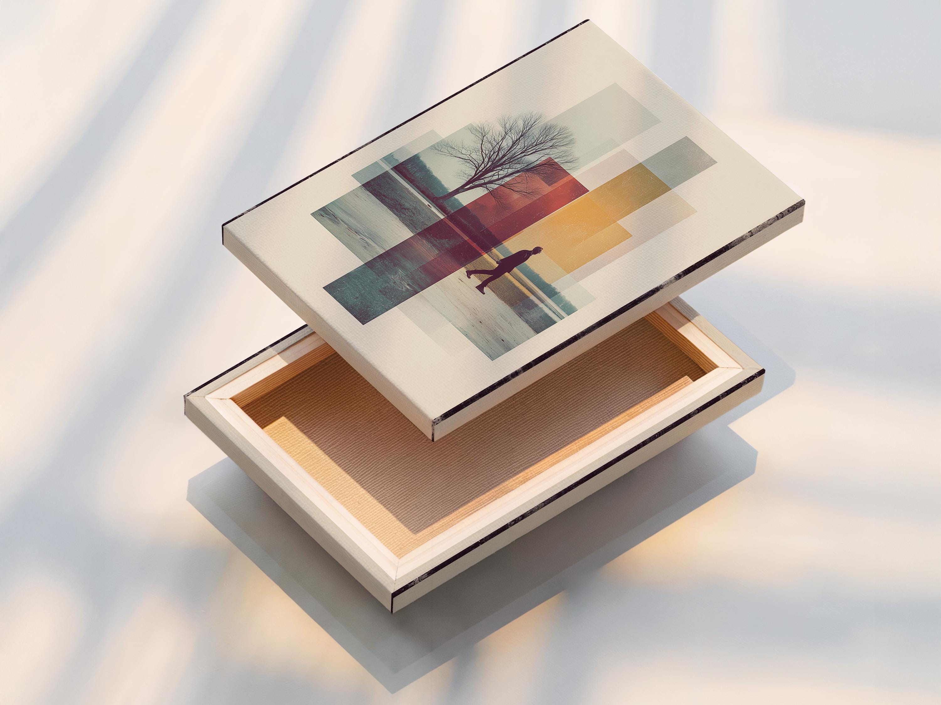 Beige abstract geometric landscape with a leafless tree and a walking figure detail view