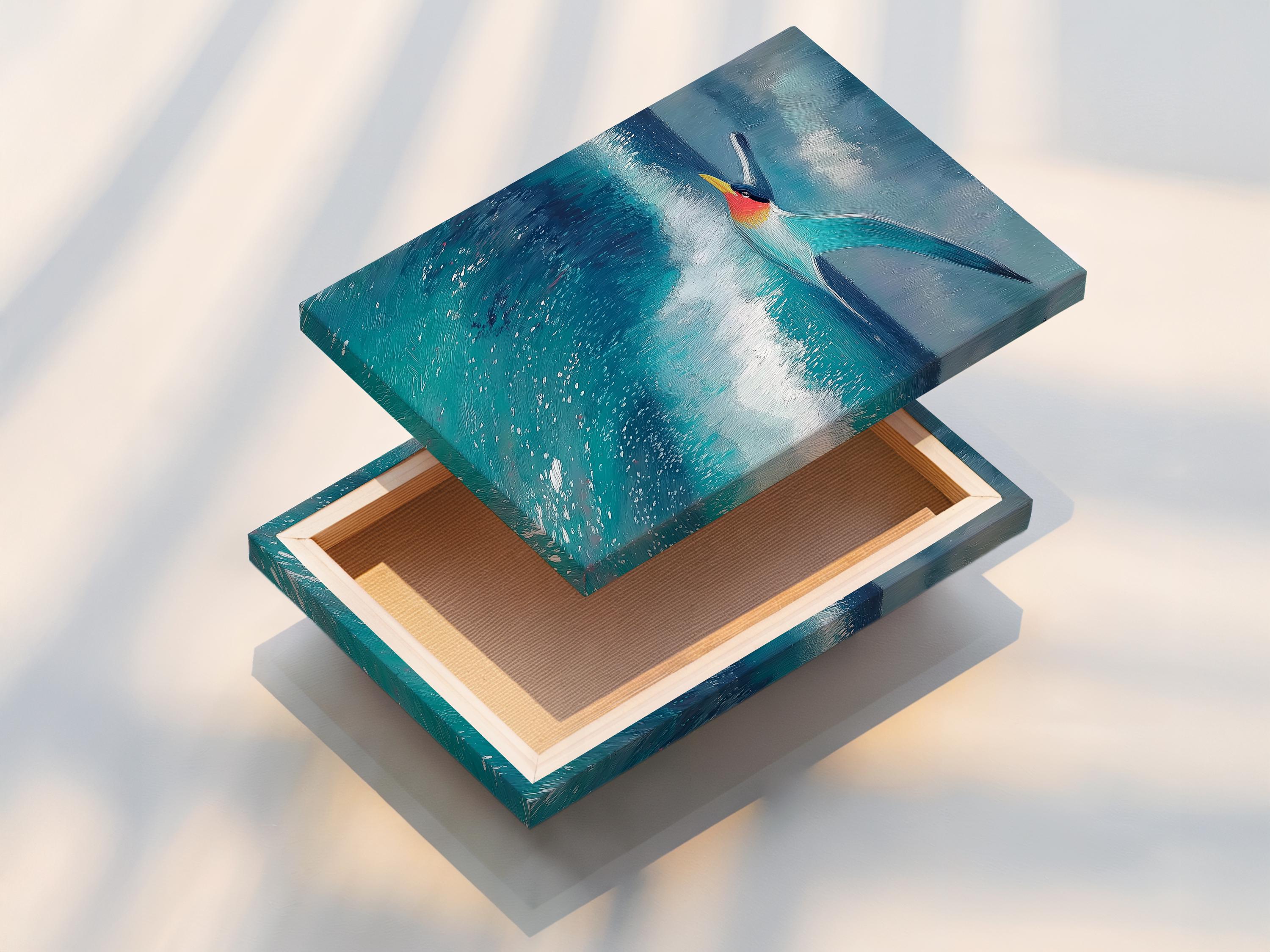Seagull flying over blue and turquoise waves with foamy white highlights detail view