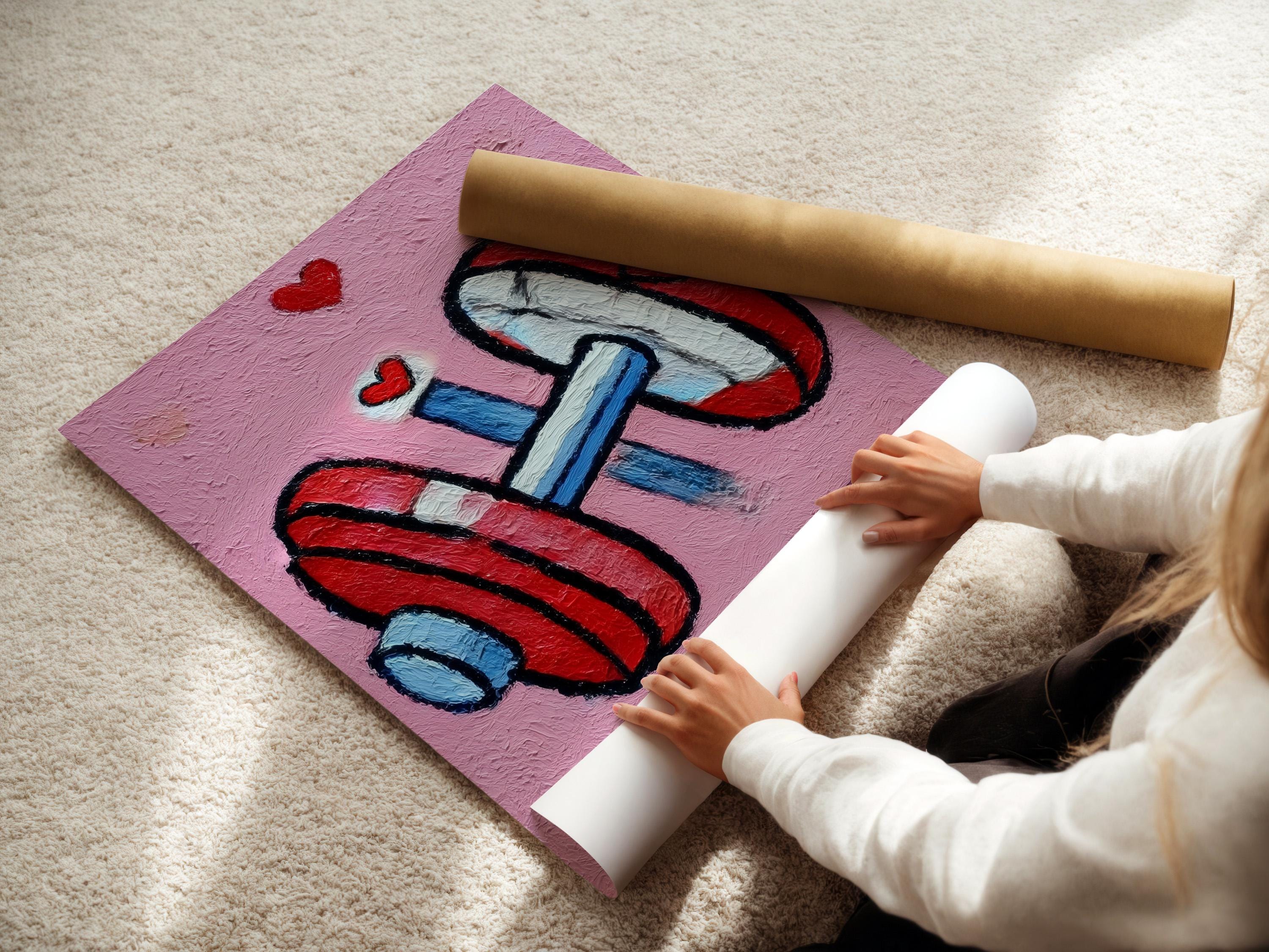 Room mockup showing a pink framed fitness artwork with a weightlifter holding a bar and red hearts