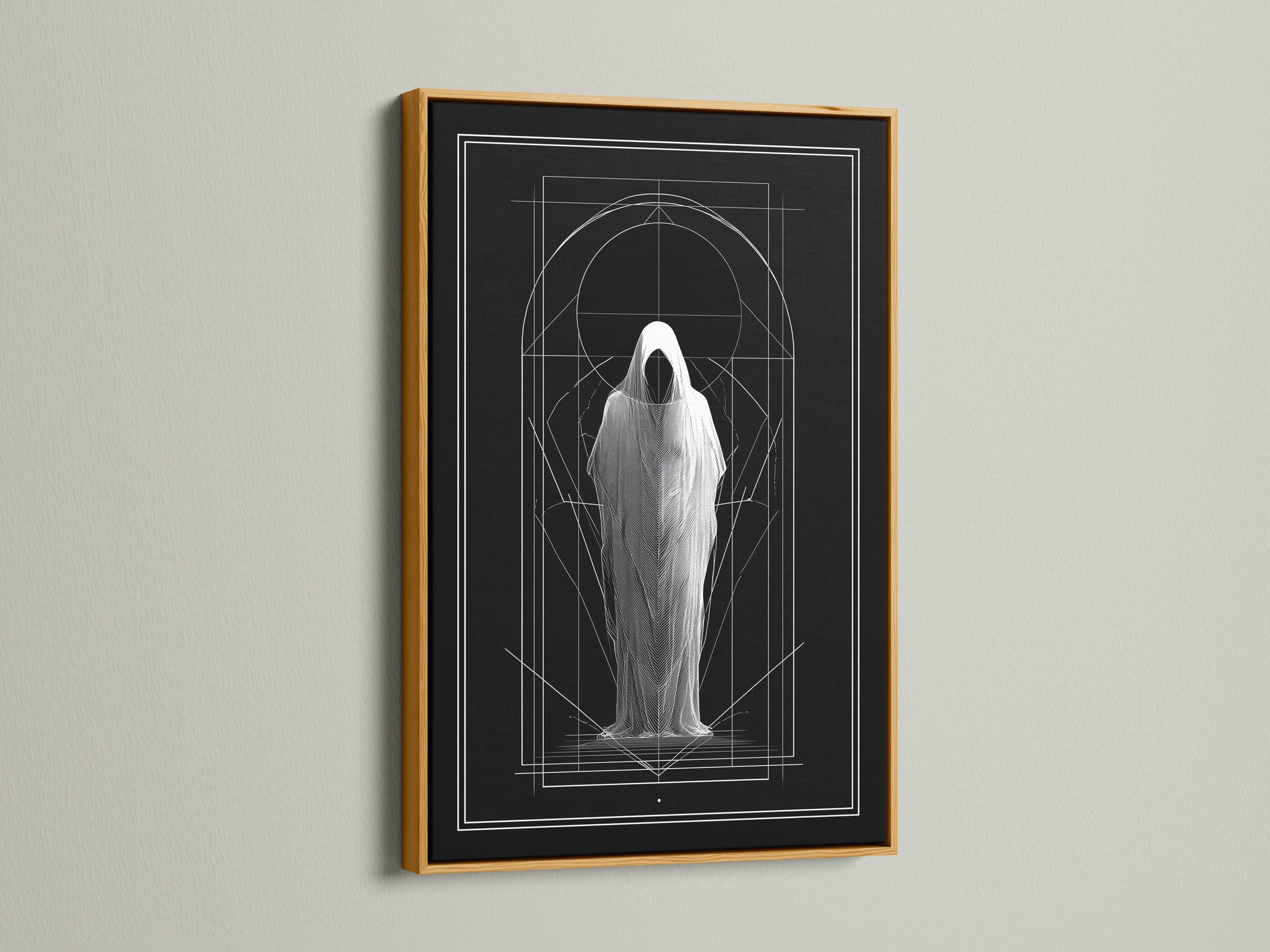 Monochrome geometric drawing of a hooded figure with white arch and grid lines on dark background detail view
