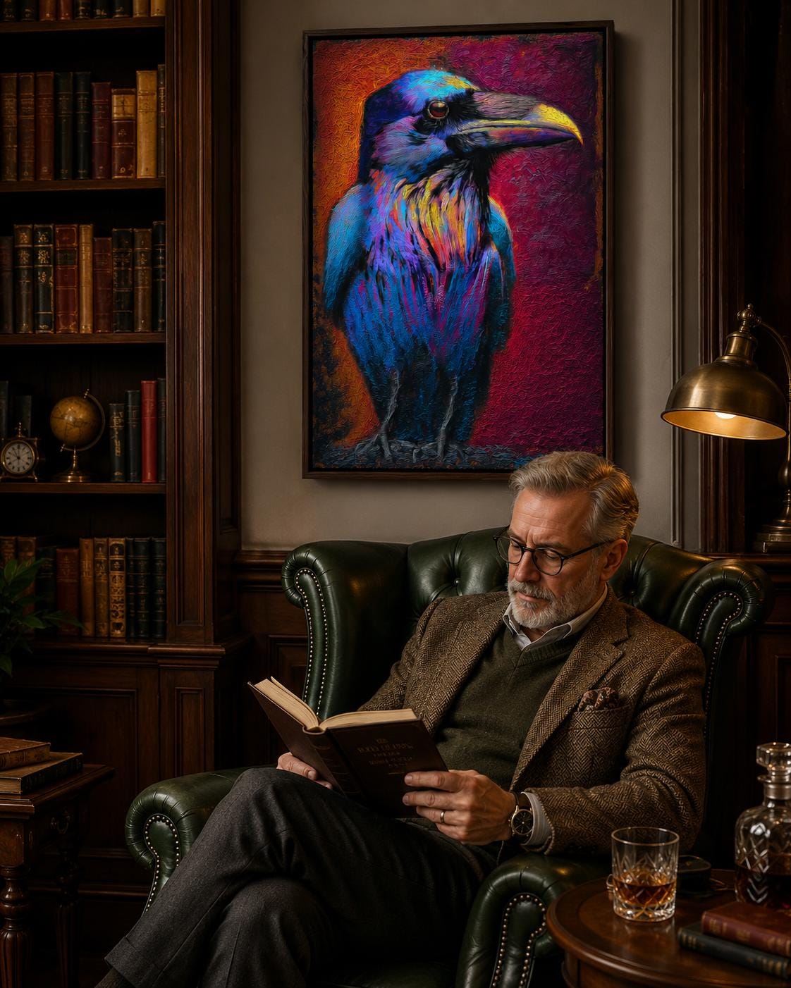 A raven portrait artwork displayed in a barbershop setting