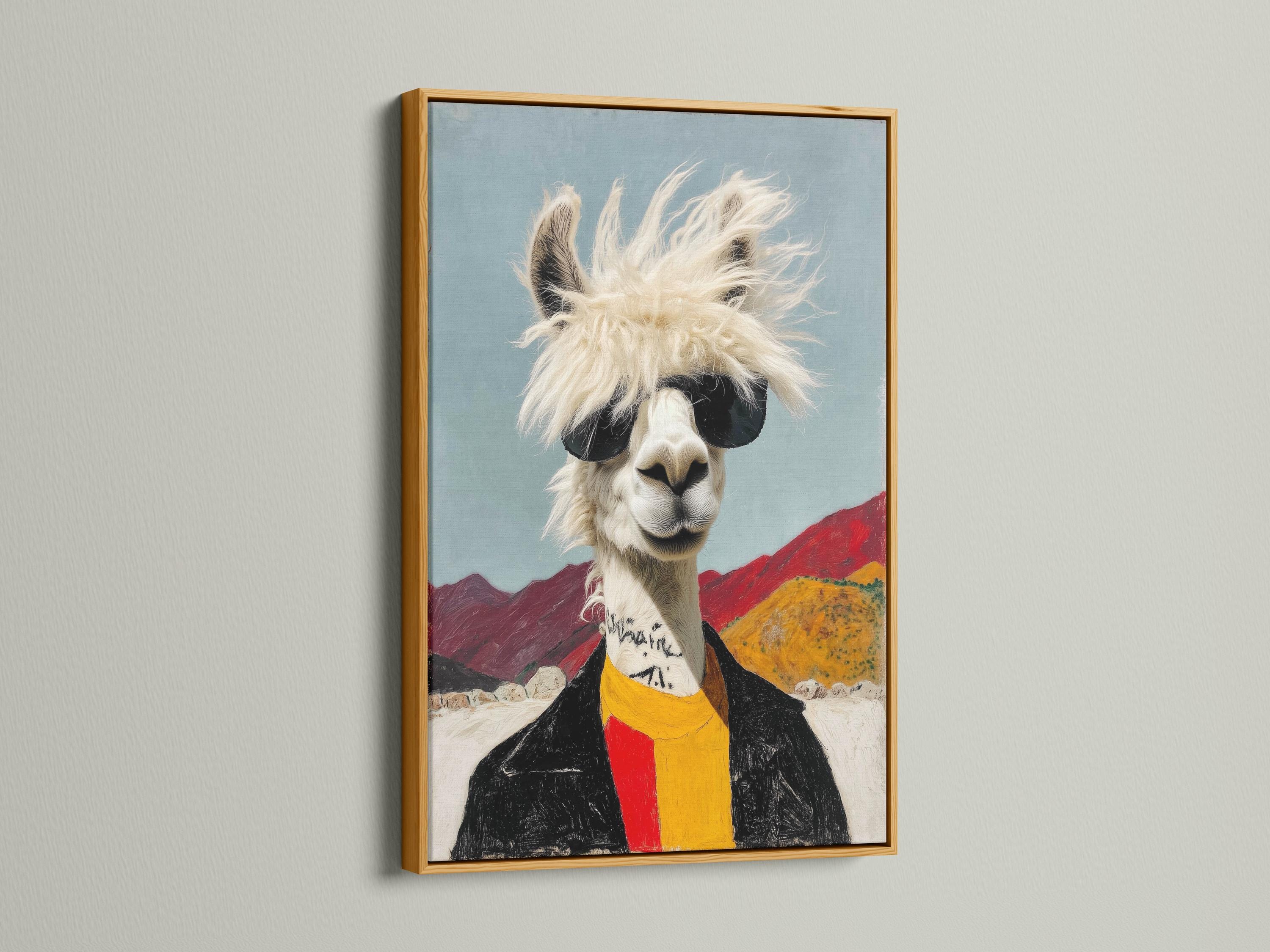 Stylised llama wearing black sunglasses with a fluffy mane and red and yellow scarf in a desert scene detail view